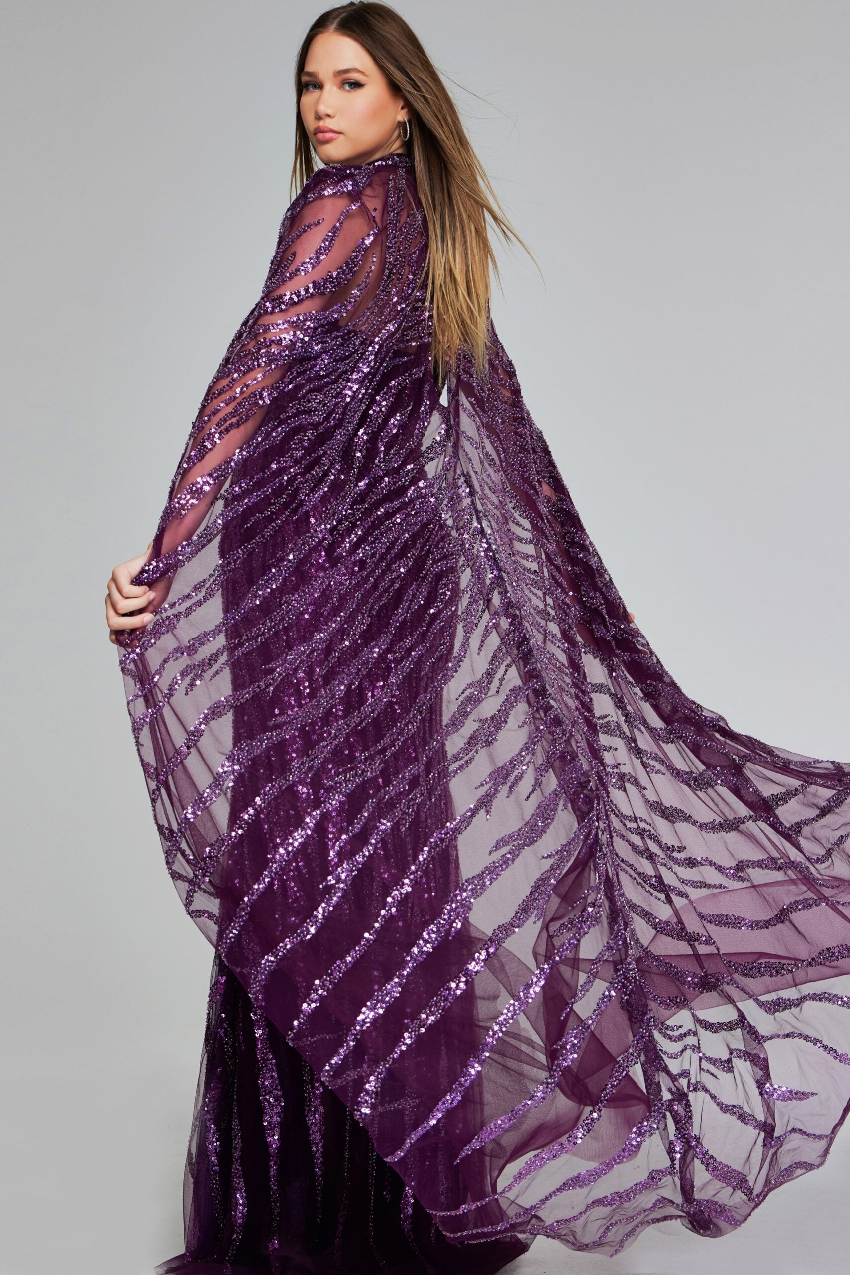 Jovani 39046 Long Mermaid Formal Sequin Cape Dress