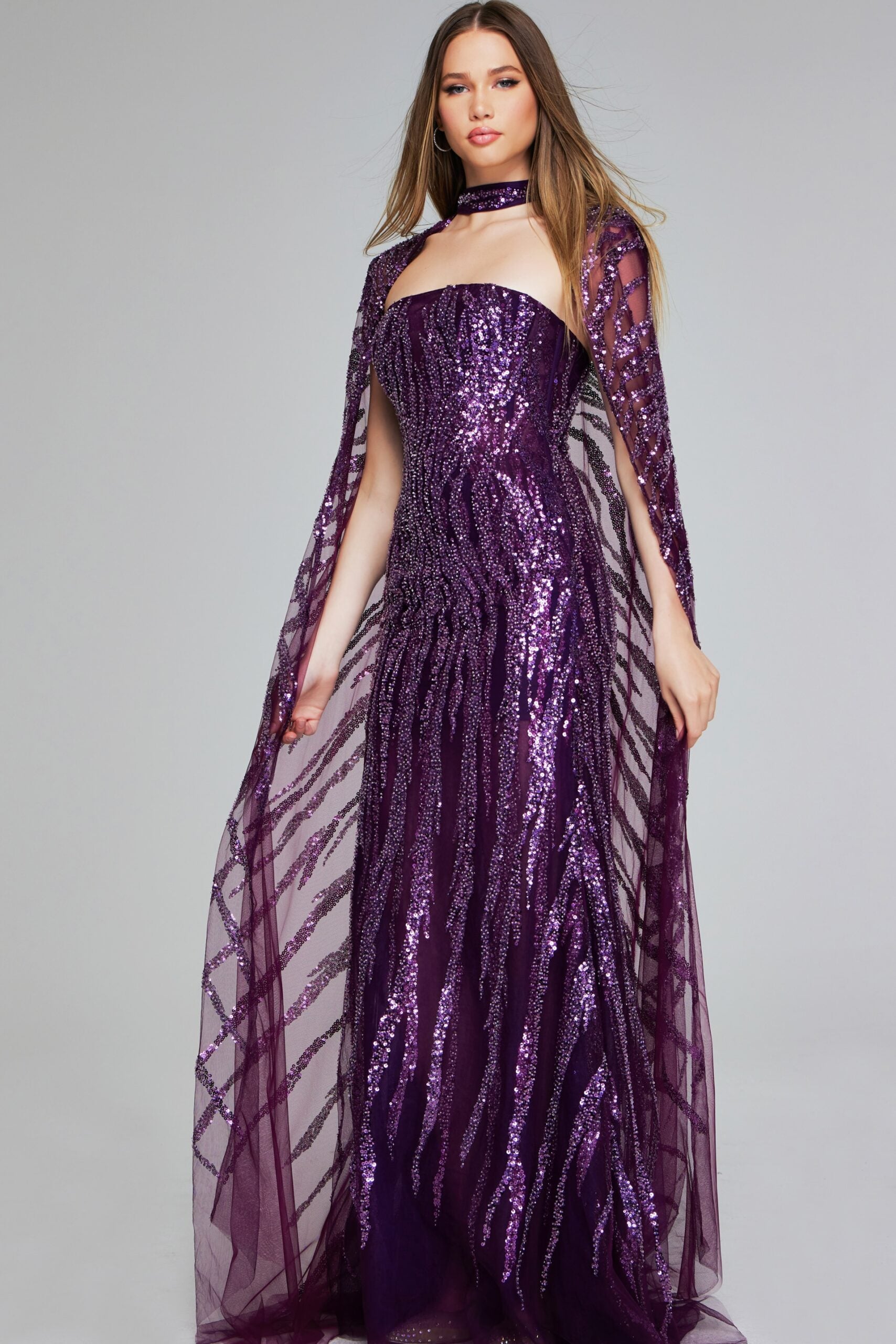 Jovani 39046 Long Mermaid Formal Sequin Cape Dress