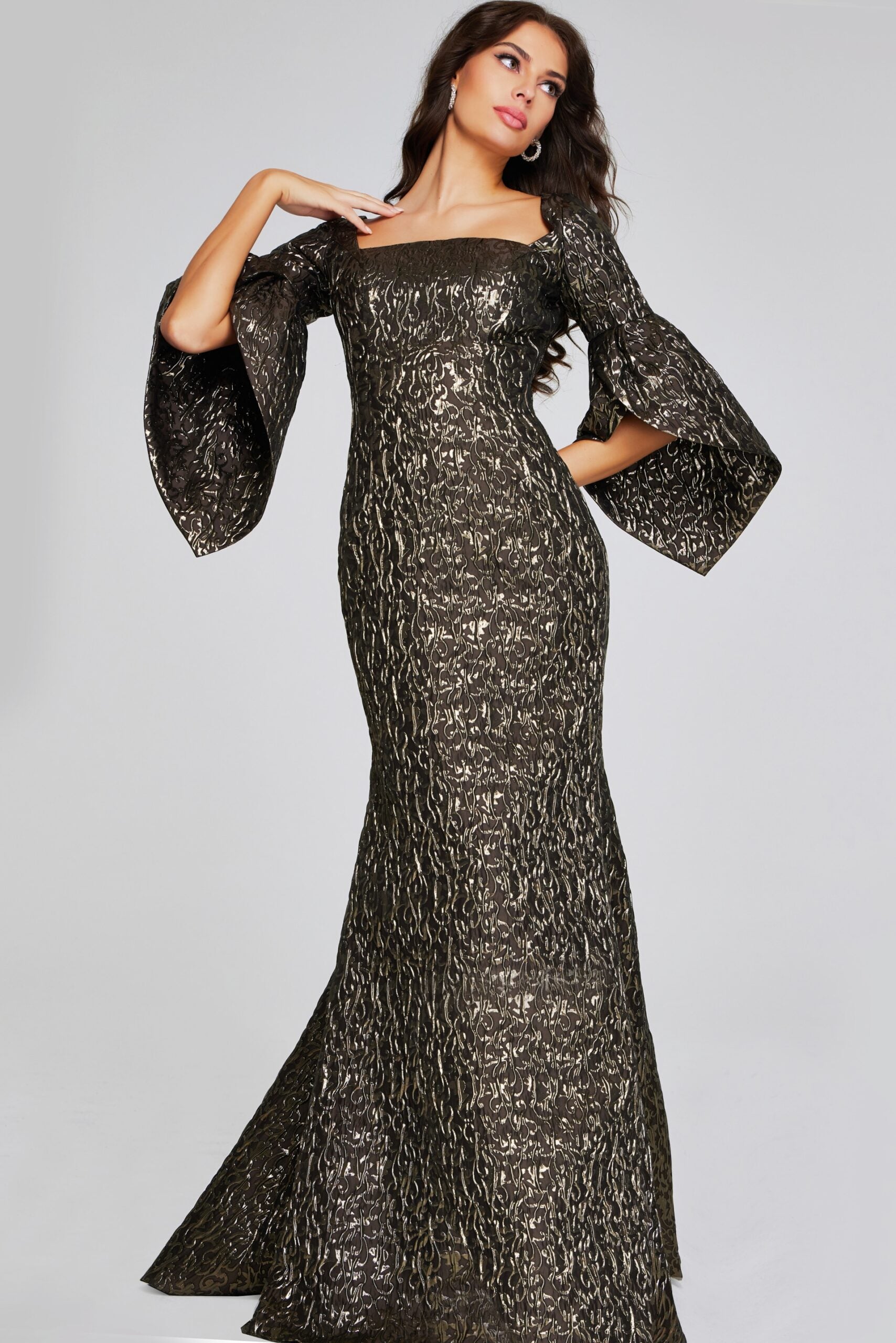 Jovani 39080 Long Sleeve Metallic Mermaid Evening Formal Dress