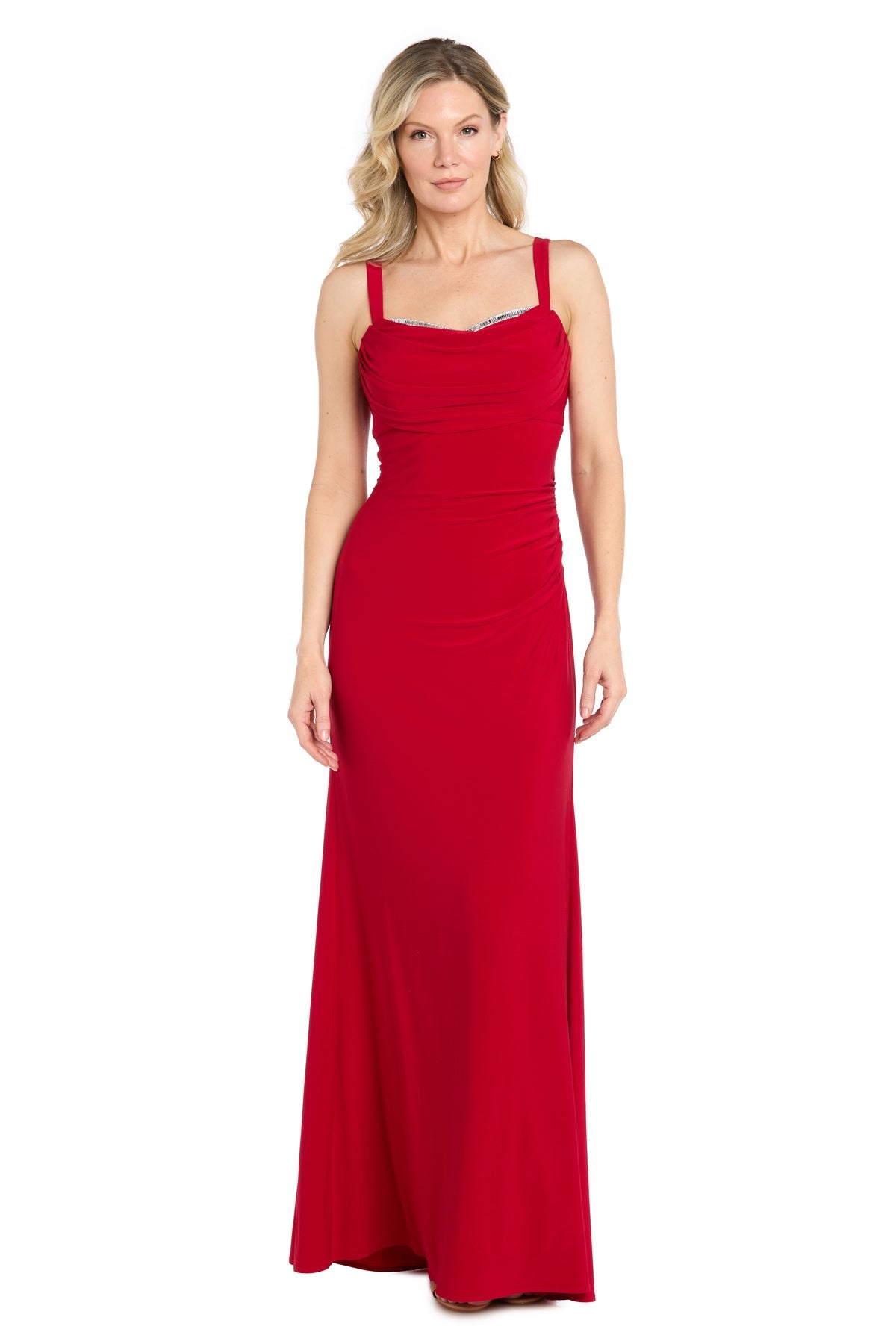 Red Cowl Floor-Length Jersey Formal Gown Rhinestone Detail R&M Richards 3910
