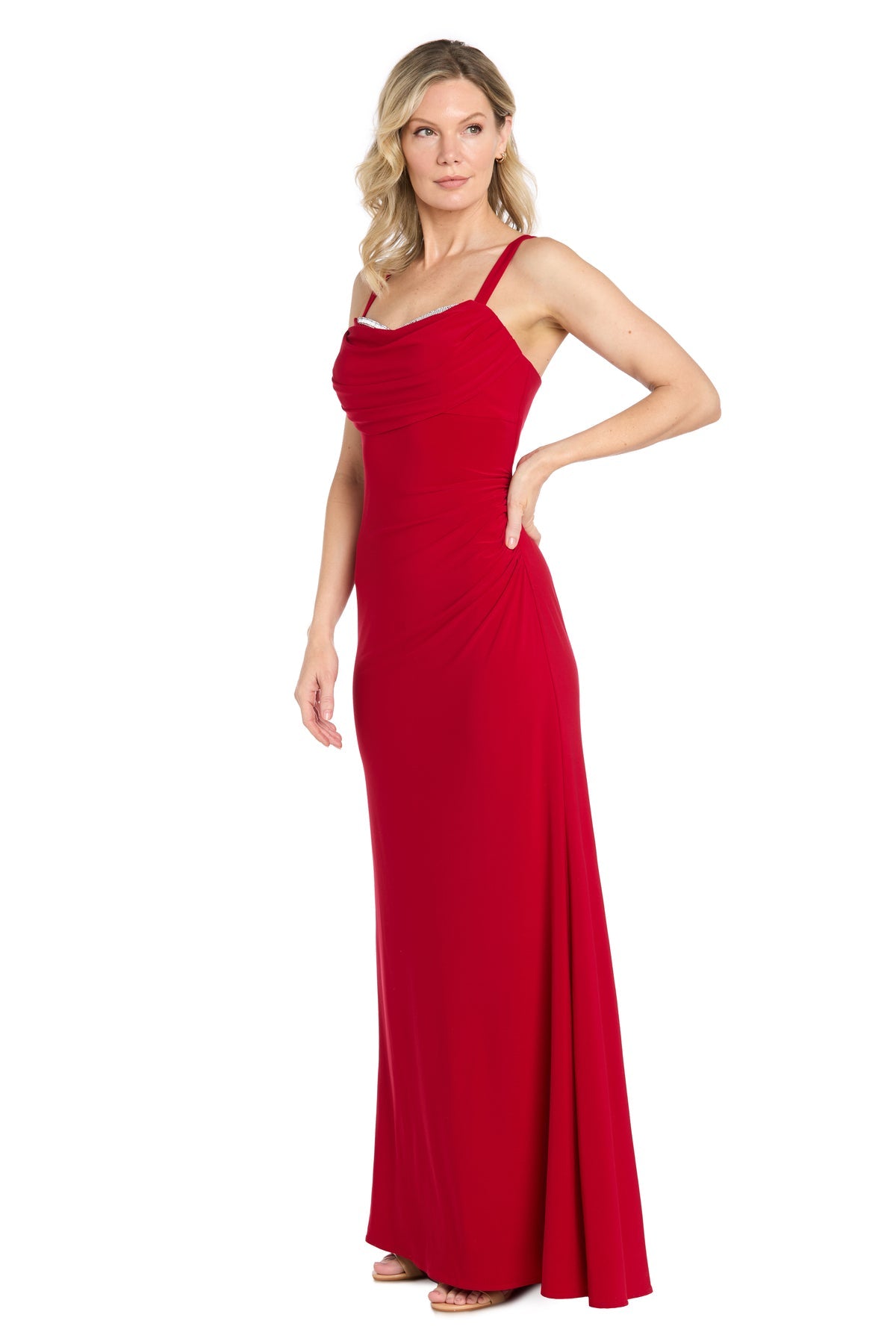 Red Cowl Floor-Length Jersey Formal Gown Rhinestone Detail R&M Richards 3910