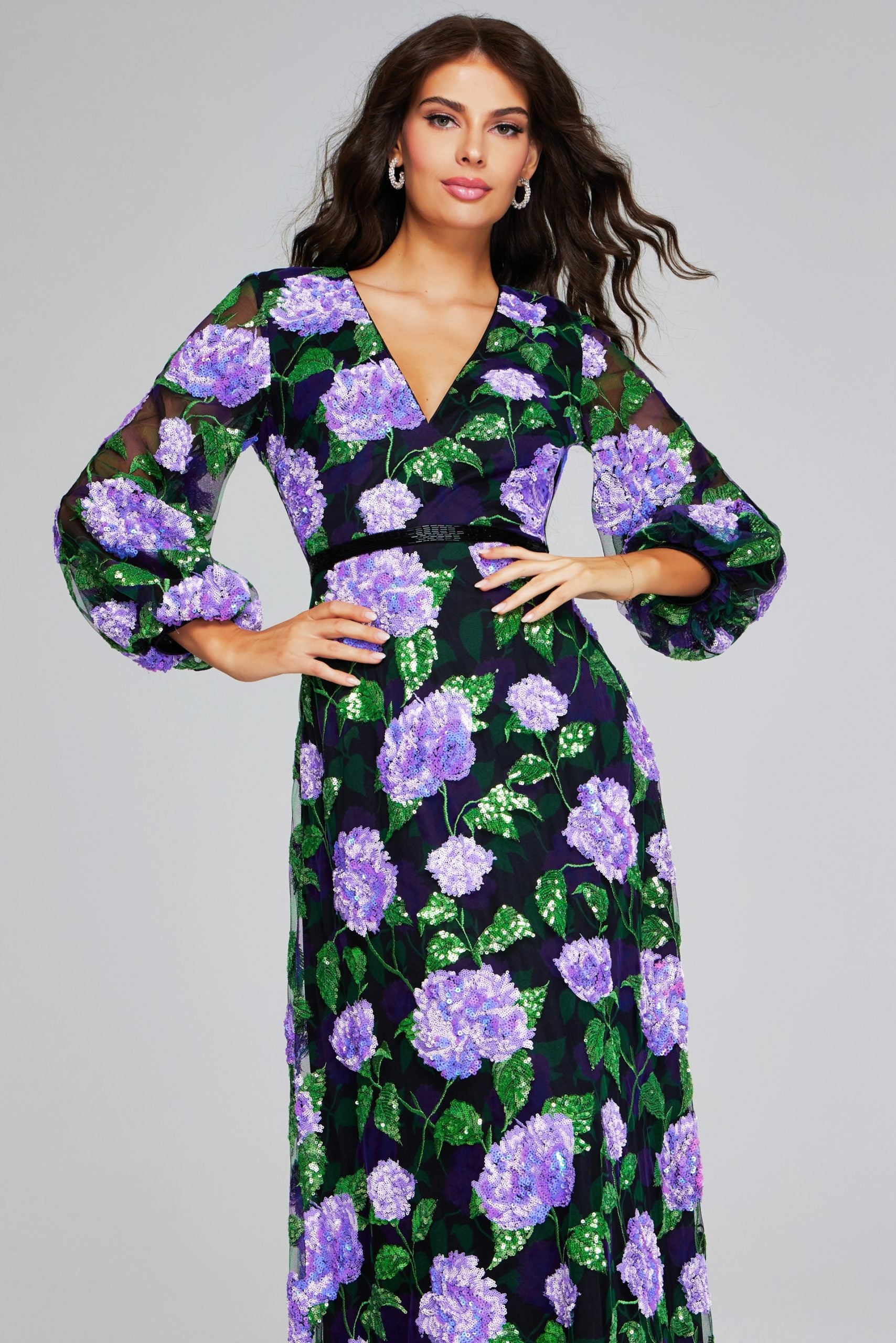 Formal Dresses Long Sleeve A Line Sequin Floral Evening Formal Dress Purple/Multi