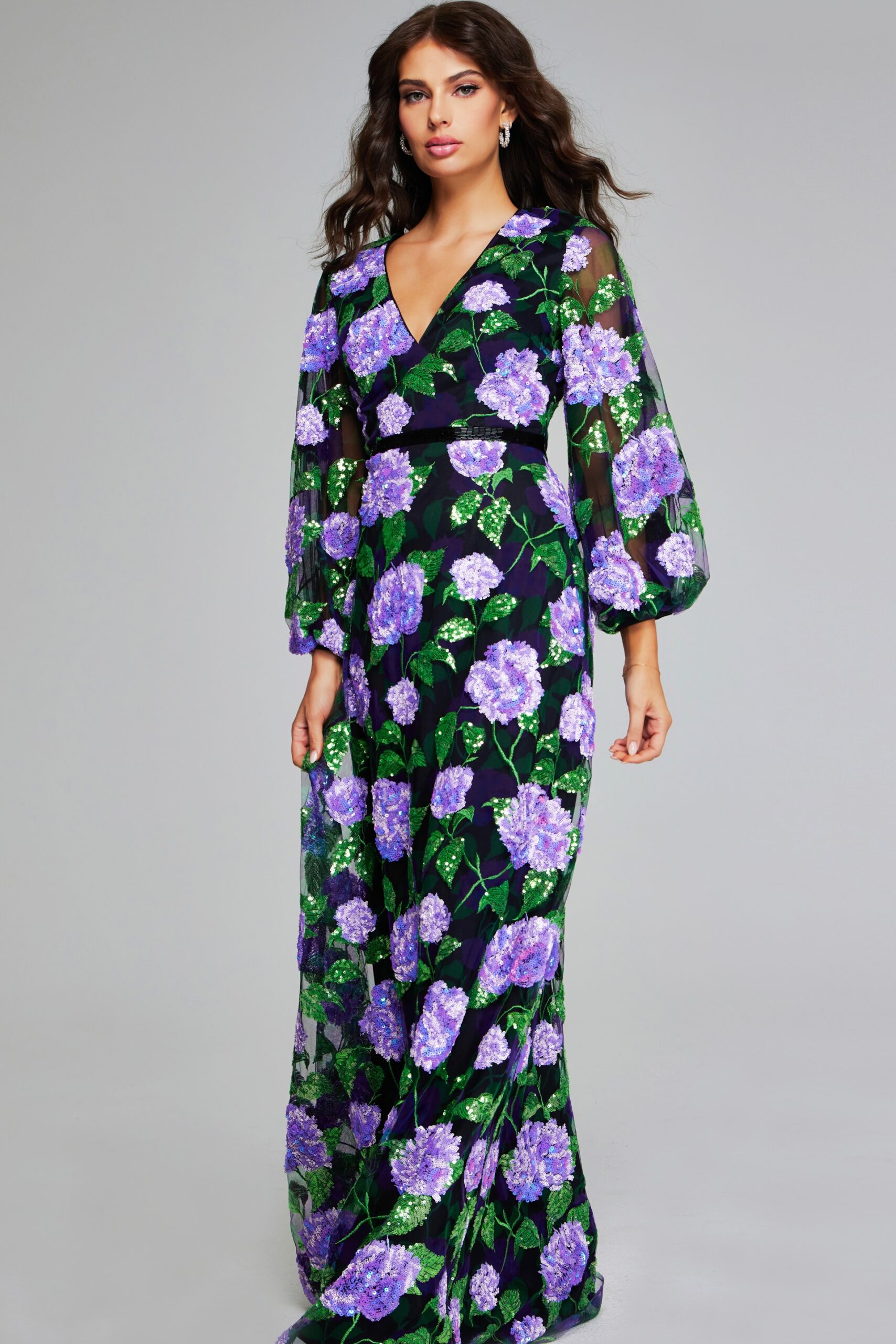 Formal Dresses Long Sleeve A Line Sequin Floral Evening Formal Dress Purple/Multi