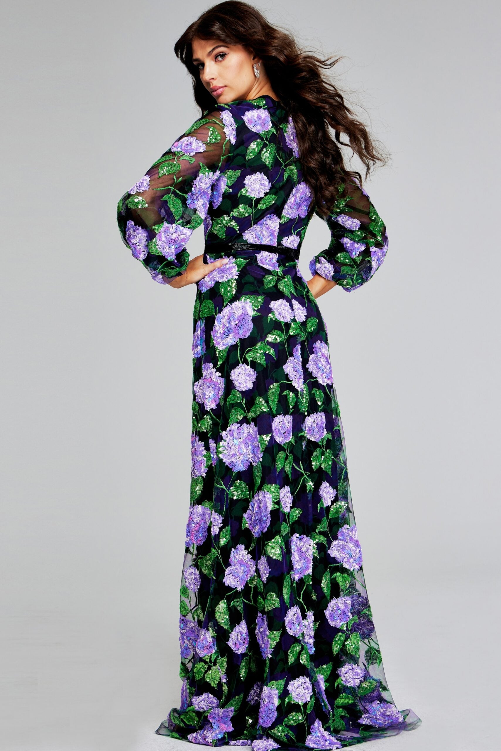 Formal Dresses Long Sleeve A Line Sequin Floral Evening Formal Dress Purple/Multi