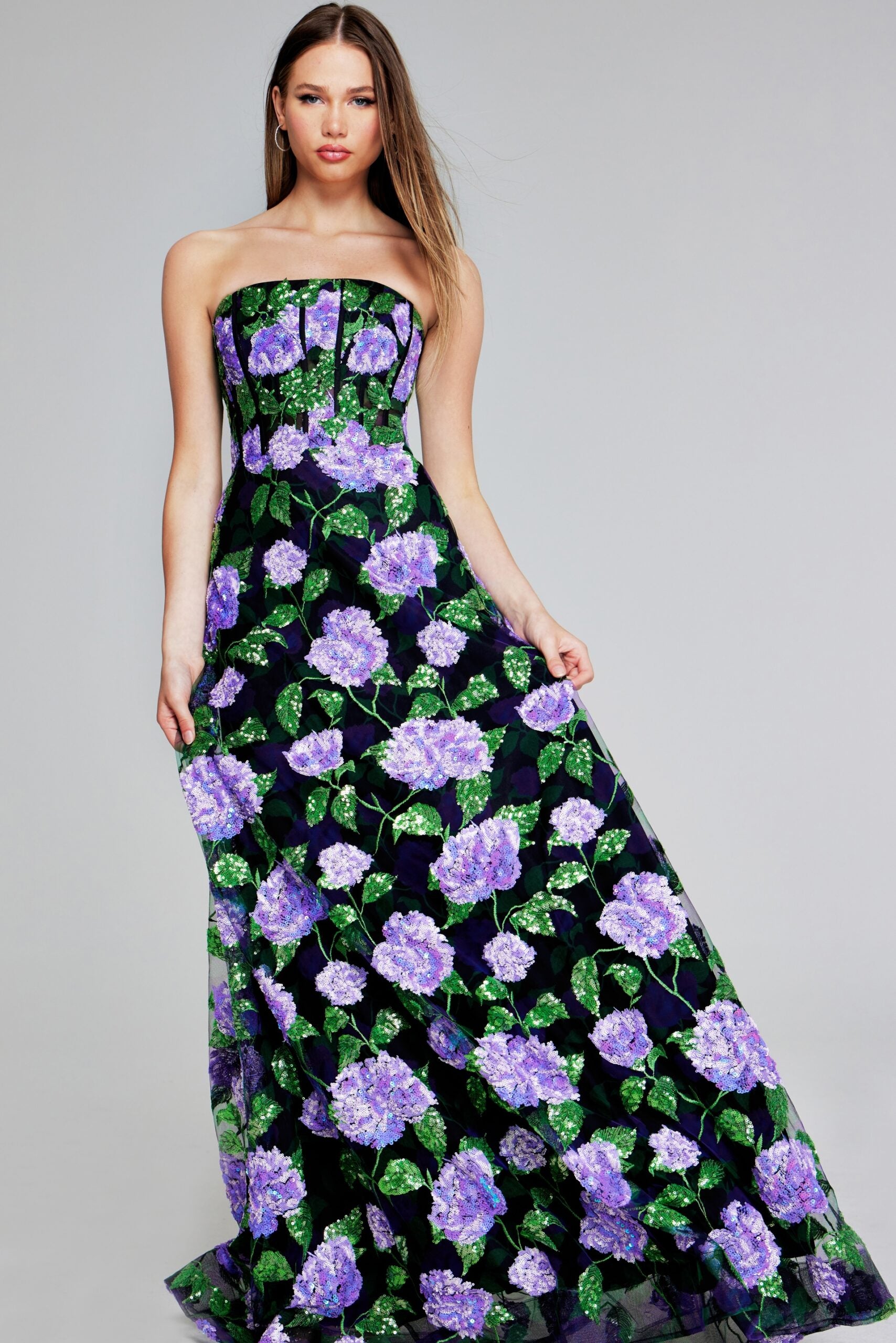 Formal Dresses A Line Long Floral Sequin Evening Formal Dress Purple/Multi