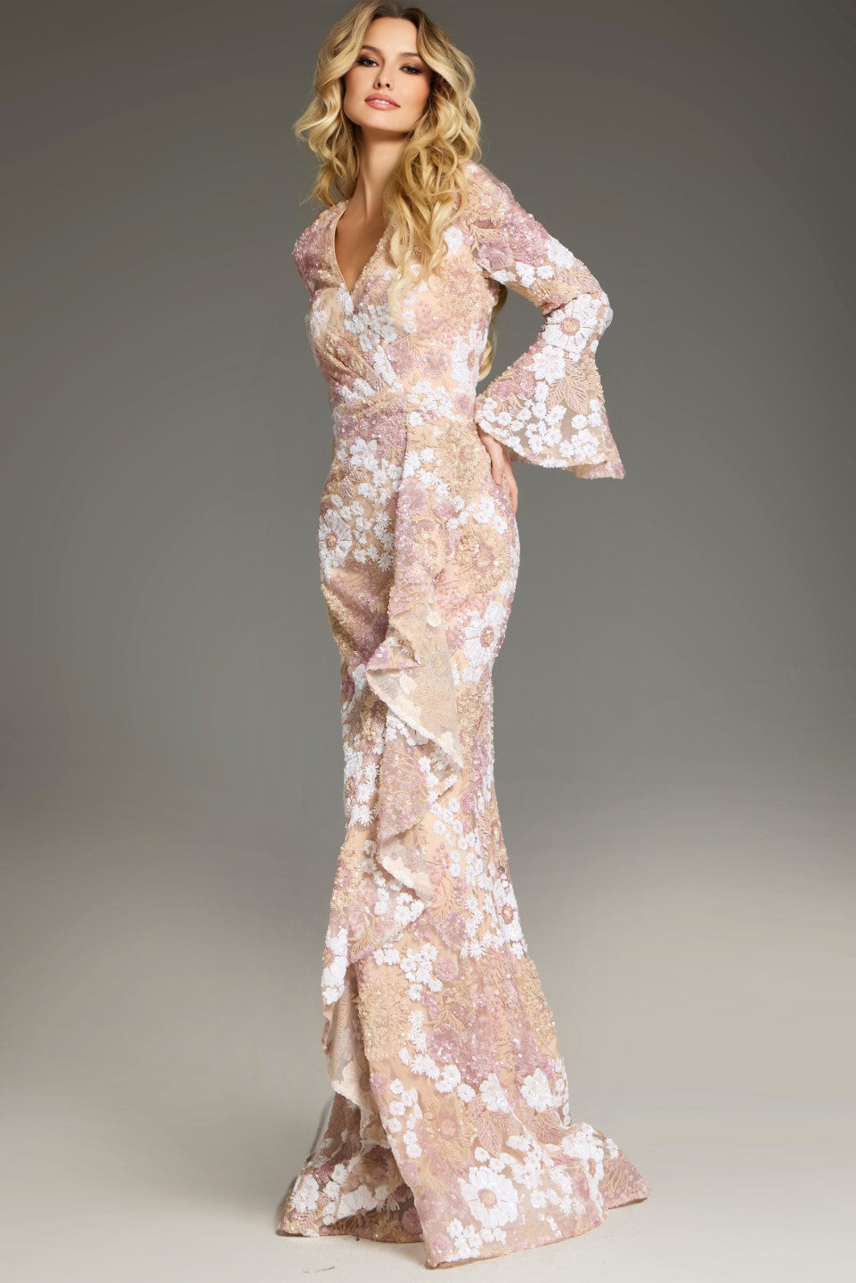 Formal Dresses Fitted Long Sleeve Floral Evening Dress Nude/Multi