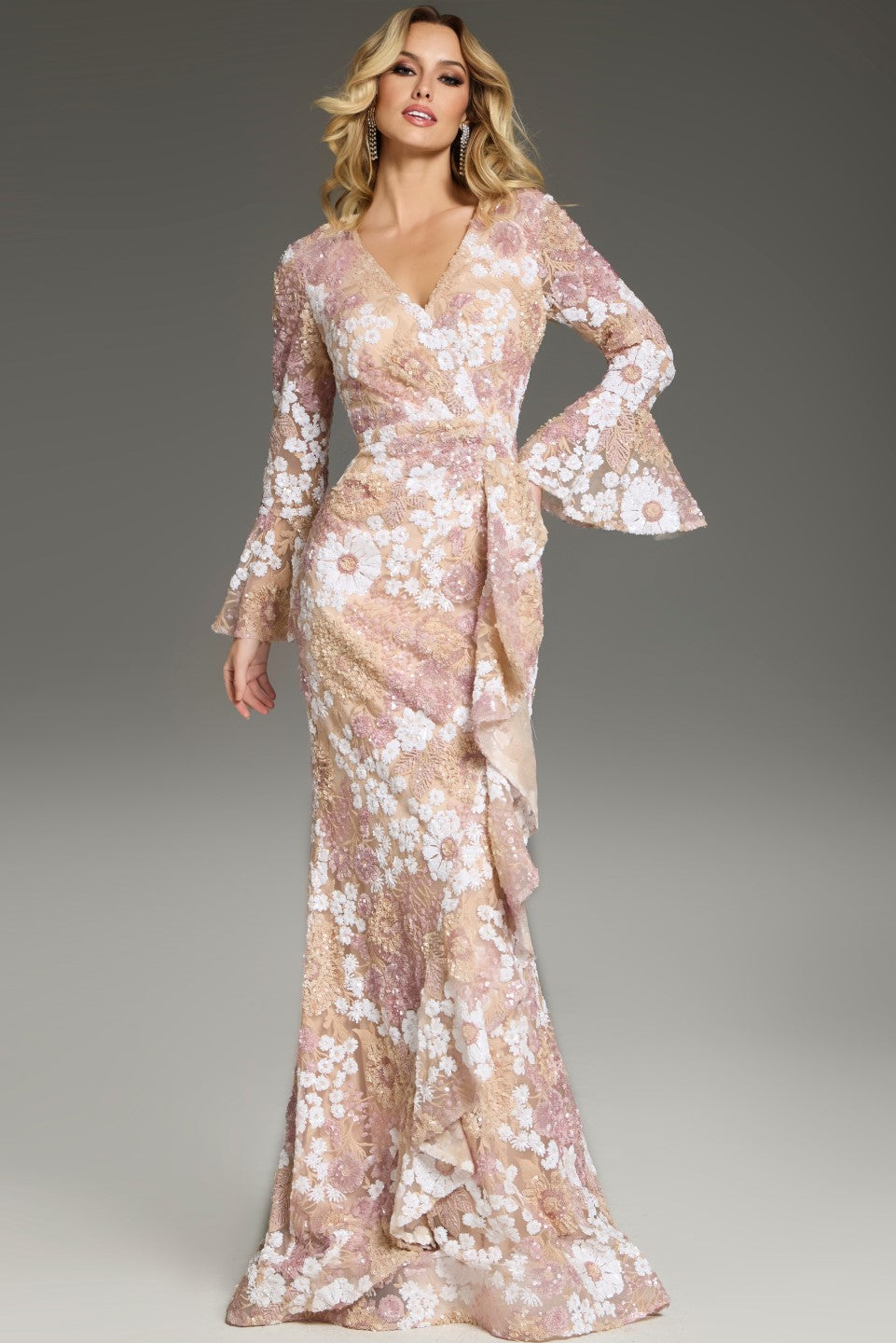 Jovani 39118 Fitted Long Sleeve Floral Evening Dress The Dress Outlet Jovani 39118 Fitted Long Sleeve Floral Evening Dress The Dress Outlet