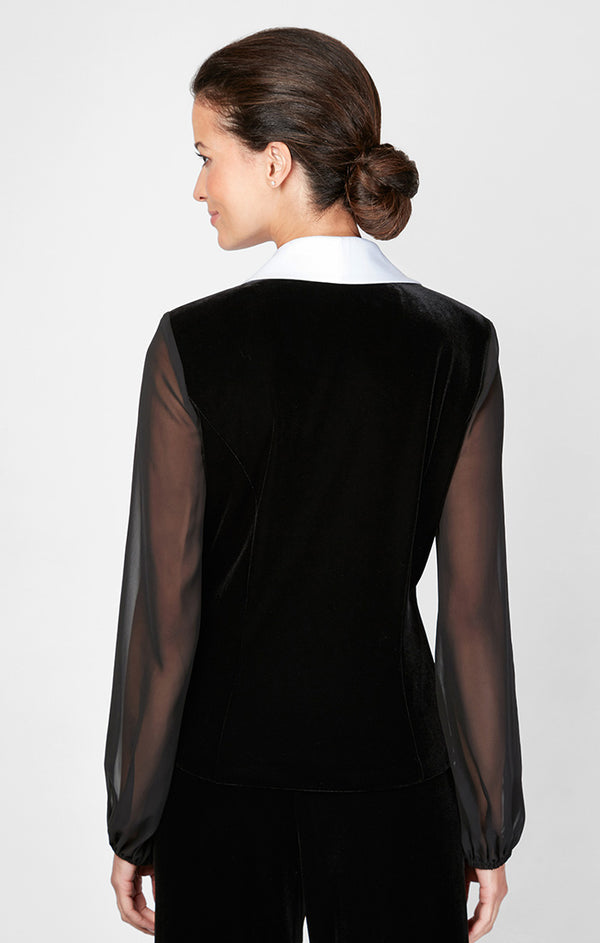 Black White V-Neck Short Velvet Formal Top with Sheer Sleeves Alex Evenings 3913076