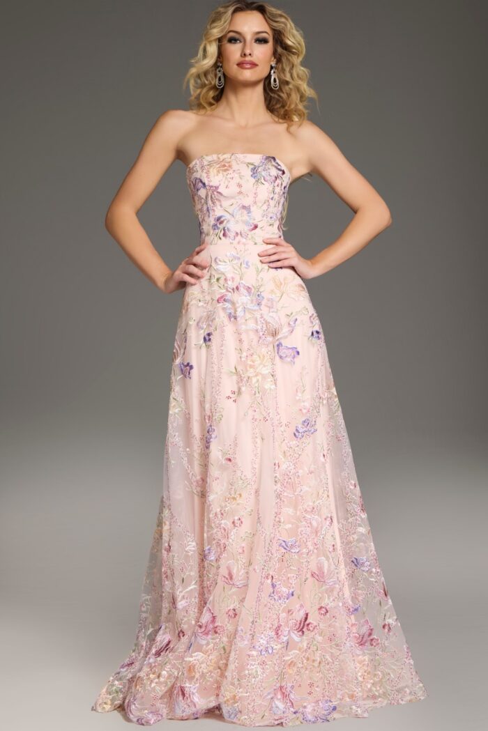 Formal Dresses A Line Long Floral Evening Formal Prom Dress Pink