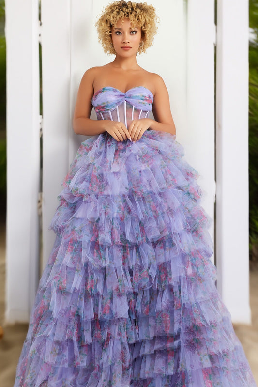Prom Dresses Formal Long Ball Gown Printed Layered Prom Dress Lilac