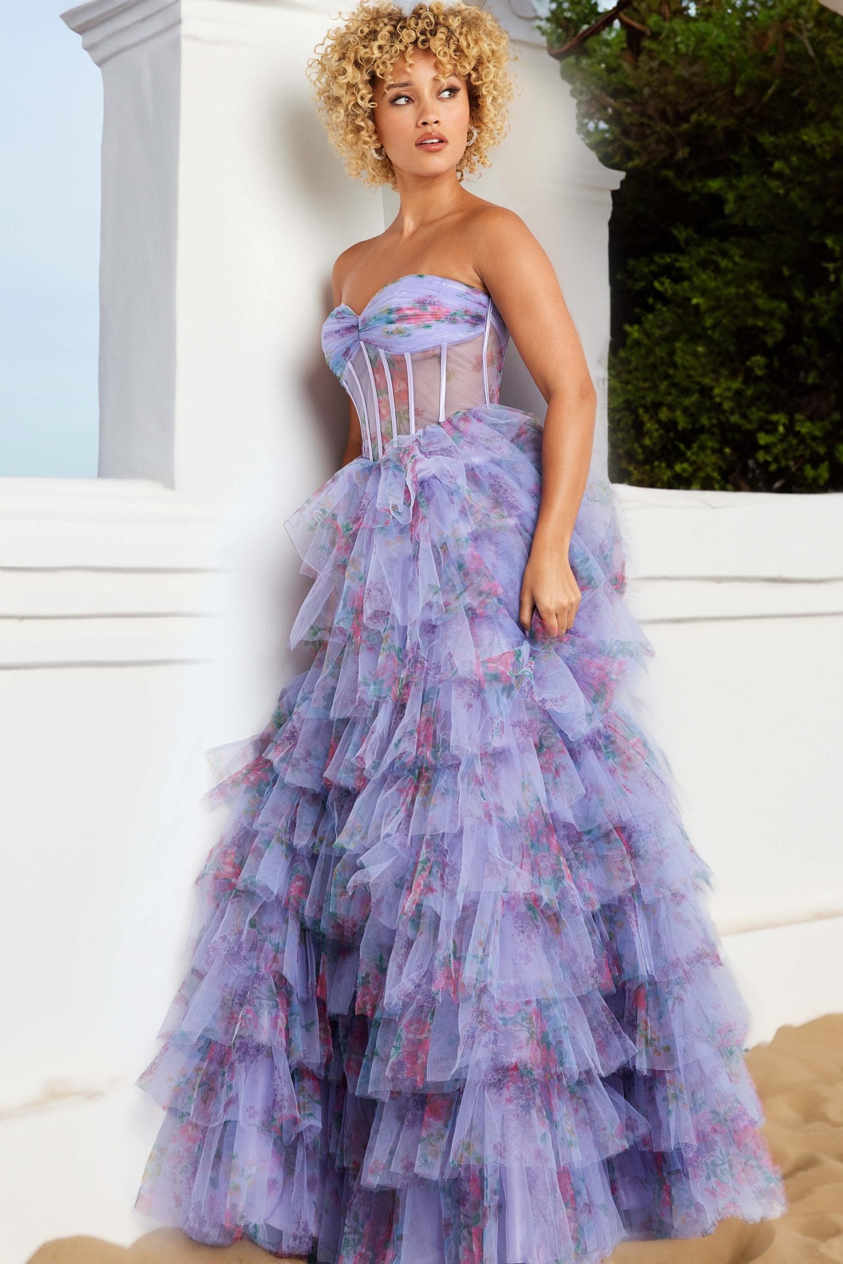 Prom Dresses Formal Long Ball Gown Printed Layered Prom Dress Lilac