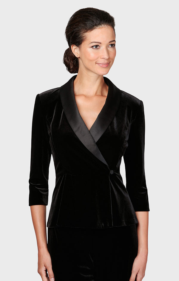 Black Shawl Lapel Hip Length Velvet Formal Top Alex Evenings 3915736