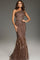 Formal Dresses Fitted Formal Long Beaded Evening Feather Dress Coffee