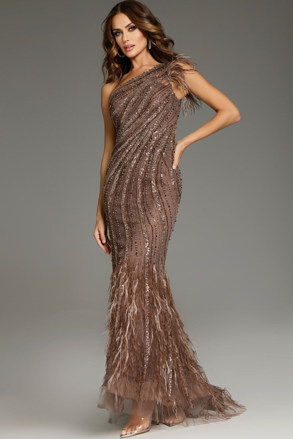 brown dress with feathers Jovani 39170 Fitted Formal Long Beaded Evening Feather Dress