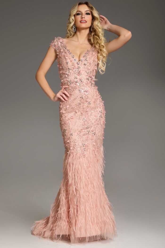 Formal Dresses Long Fitted Formal Evening Feathered Dress Blush
