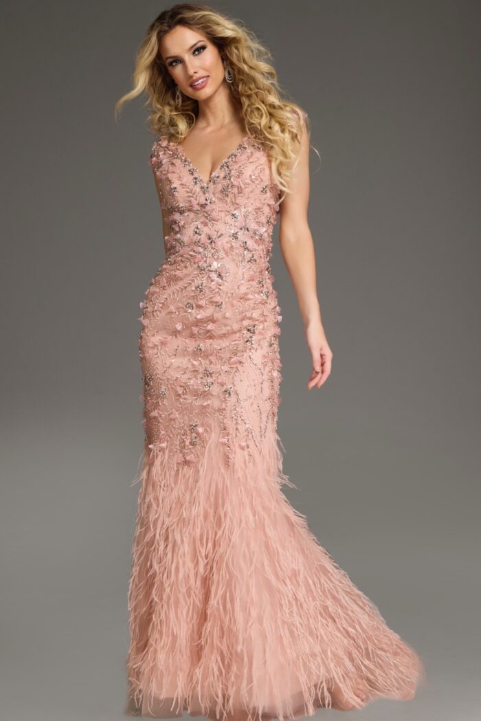 Formal Dresses Long Fitted Formal Evening Feathered Dress Blush