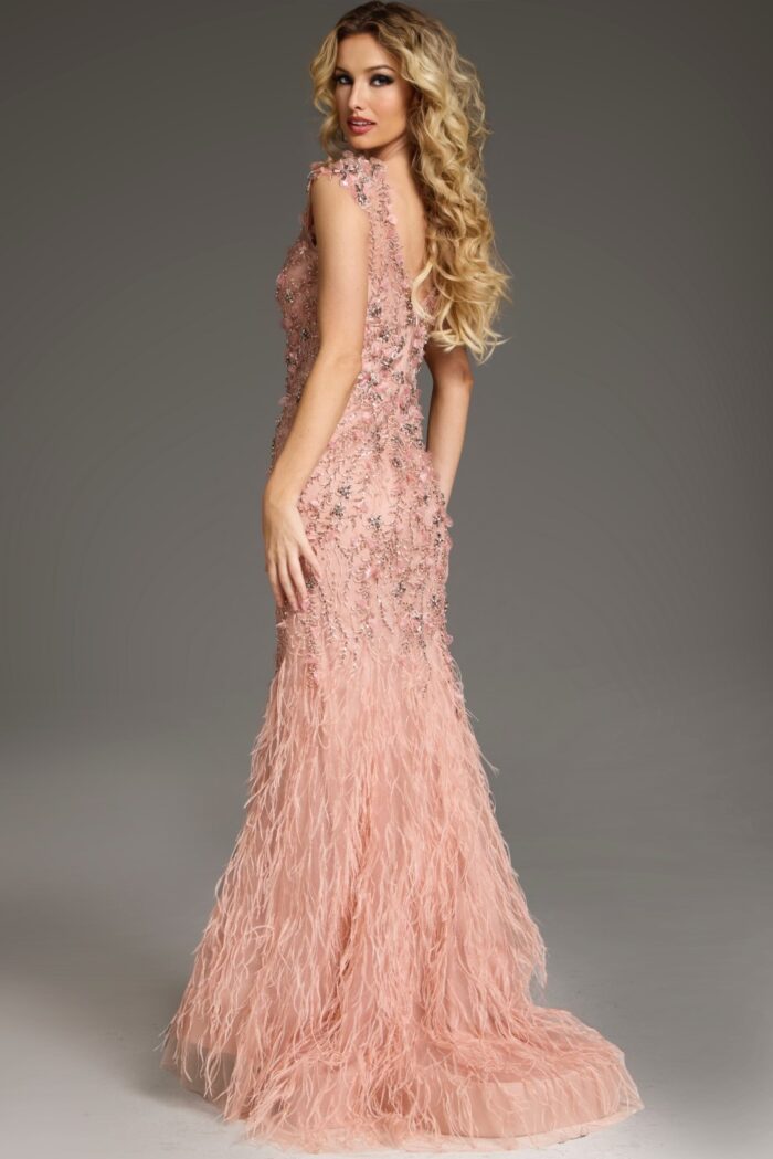 Formal Dresses Long Fitted Formal Evening Feathered Dress Blush