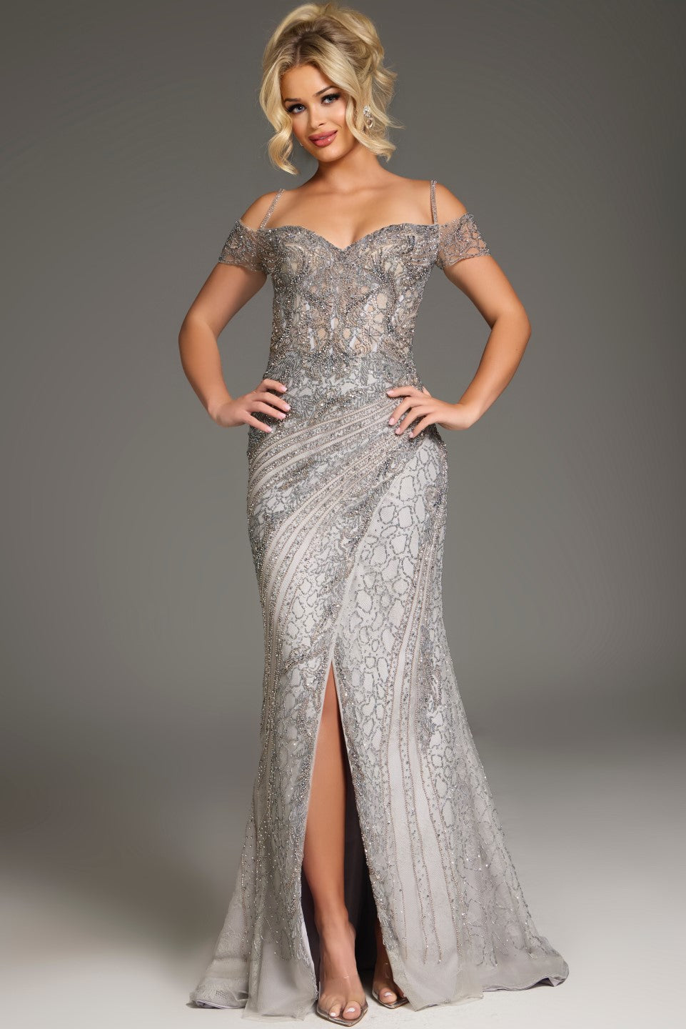 Formal Dresses Long Fitted Formal Beaded Evening Dress Silver