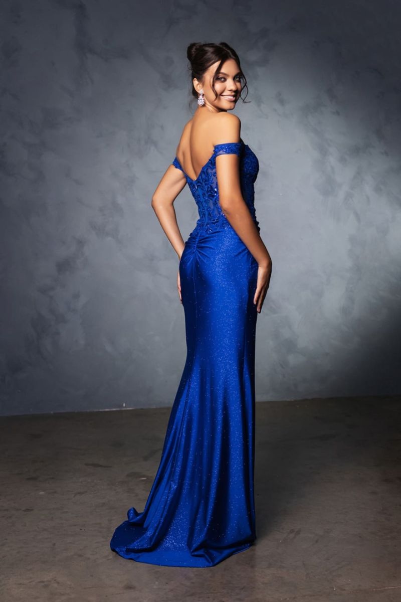 Royal Blue Off-the-Shoulder Floor-Length Mesh Prom Corset Dress May Queen MQ2148