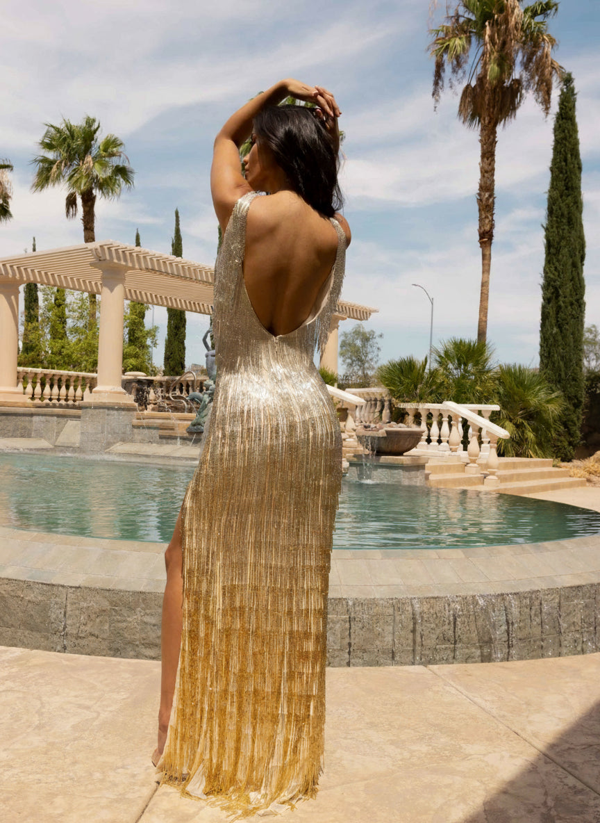 Prom Dresses Beaded Fringes Long Prom Dress Nude