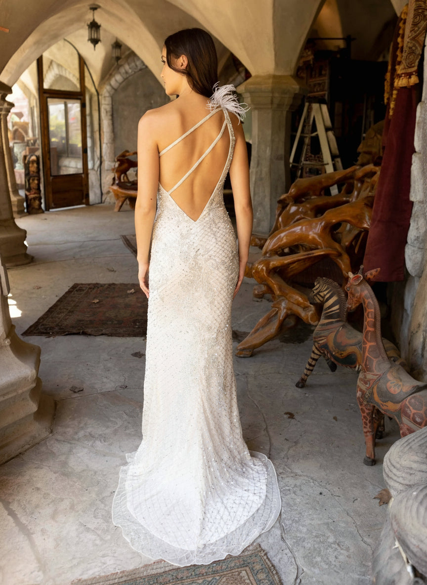 Prom Dresses Long Prom Feather on Shoulders Asymmetrical Dress Nude