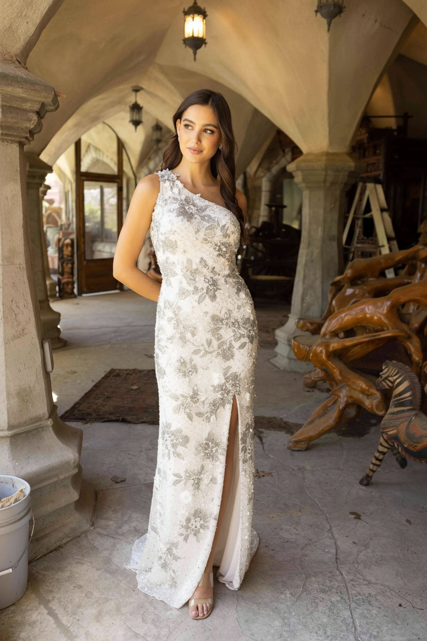 Prom Dresses Long Prom Feather on Shoulders Asymmetrical Dress Nude
