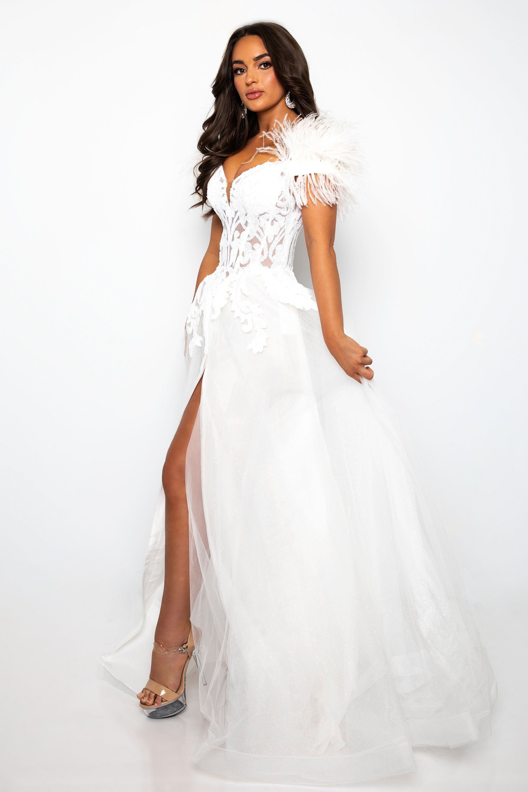 sequin feather dress white White Sequin Feather Maxi Dress self-portrait-US