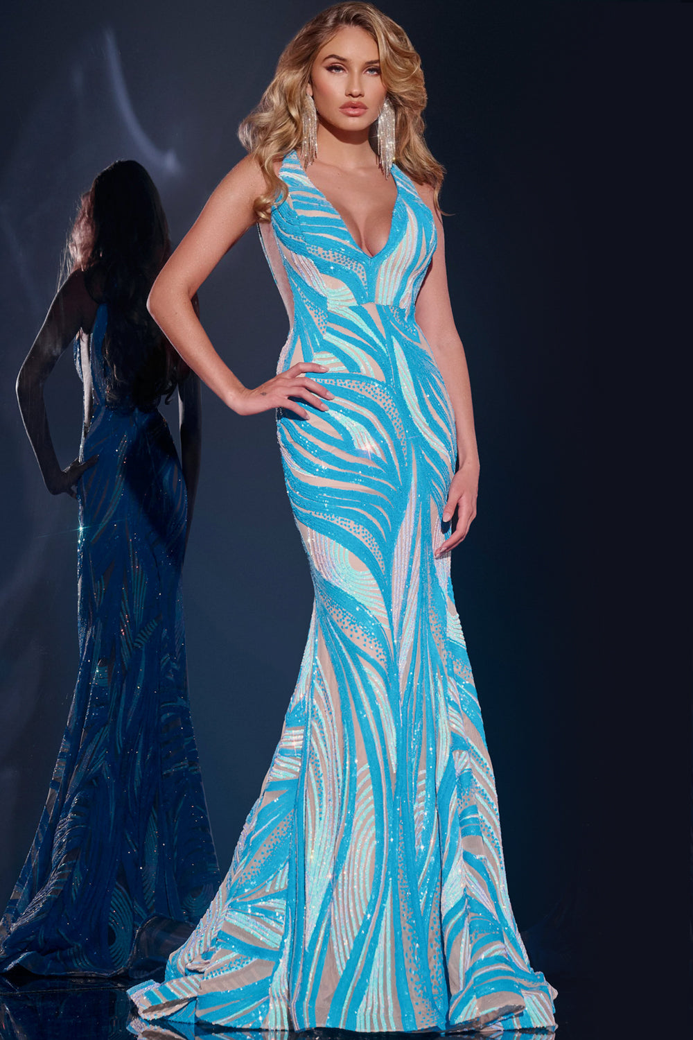 Blue/White Jovani 39232 Sequin Formal Long Mermaid Prom Dress for $720