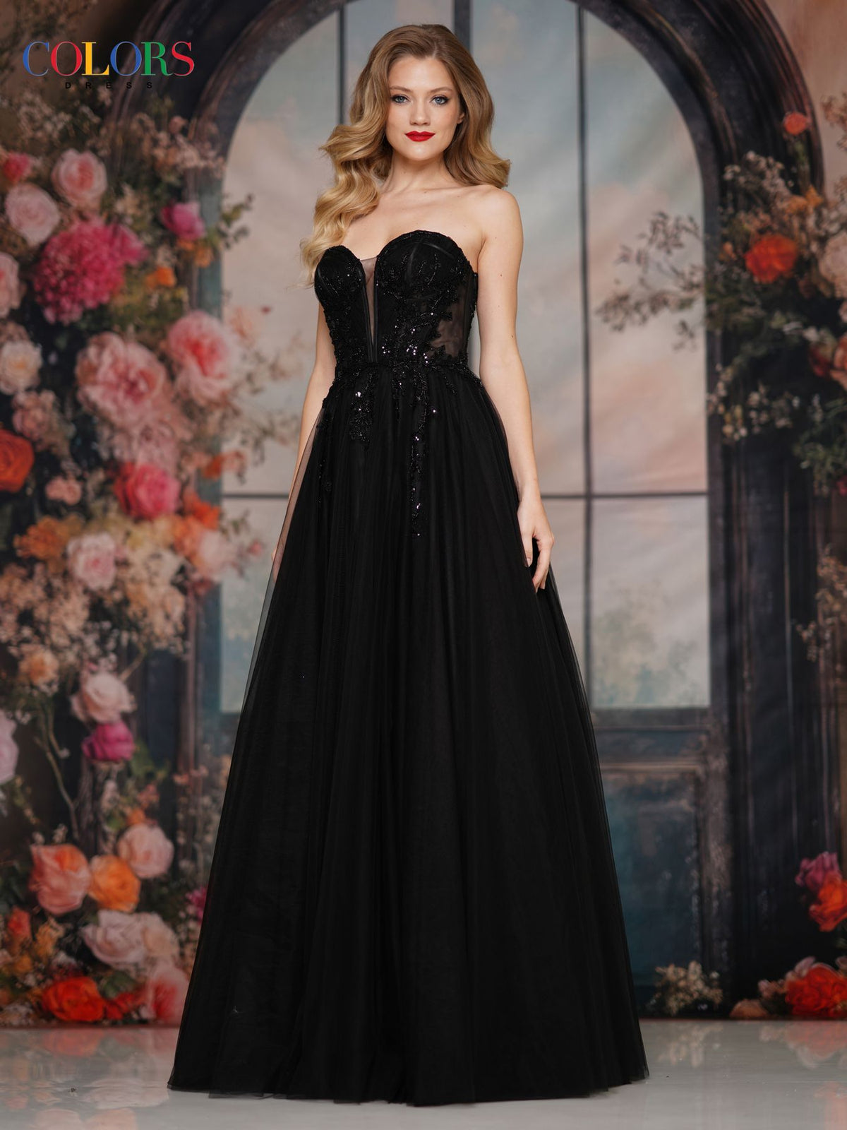Prom Dresses Floral Long Formal Beaded Corset A Line Prom Dress Black