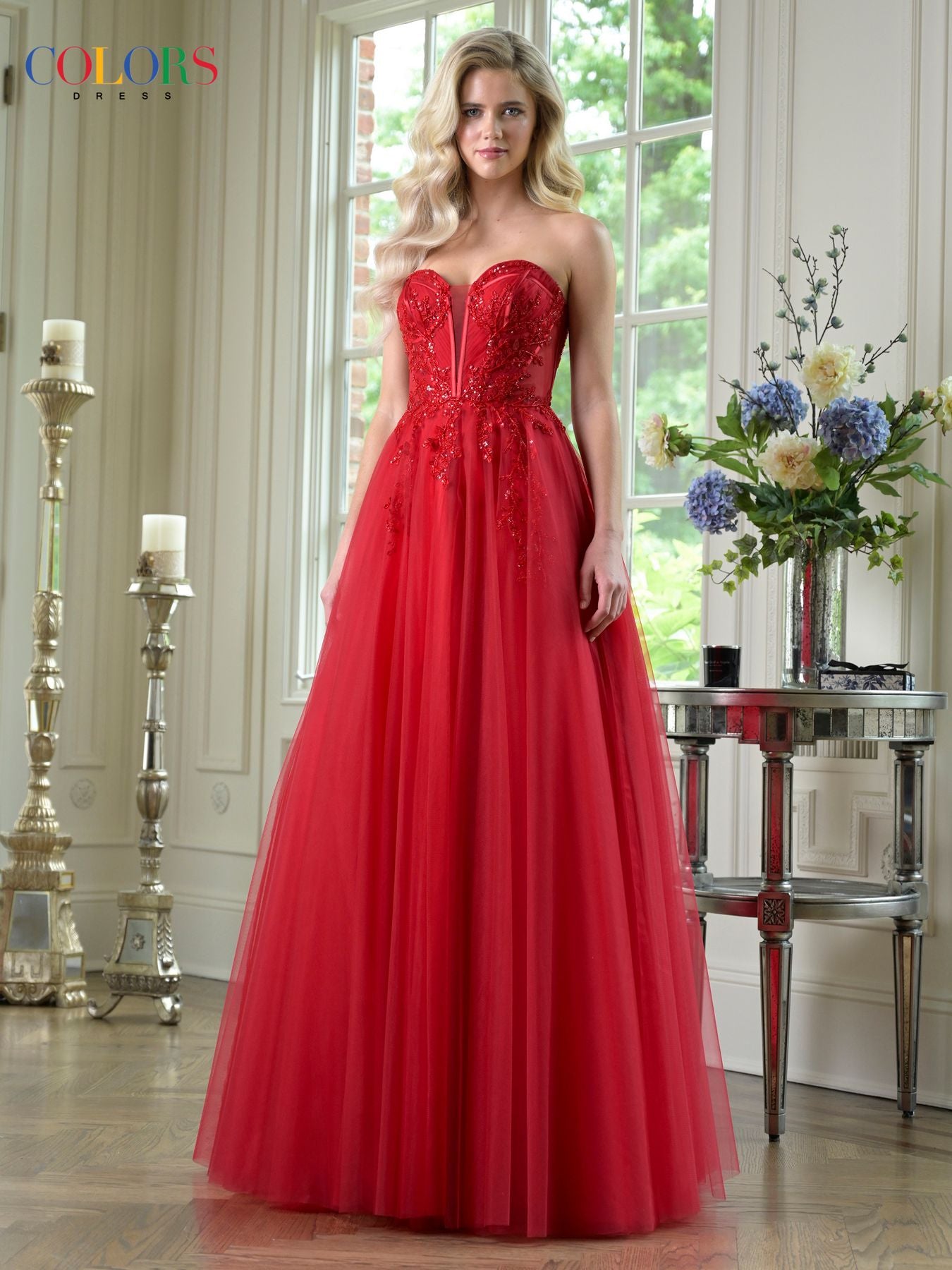 Prom Dresses Floral Long Formal Beaded Corset A Line Prom Dress Red
