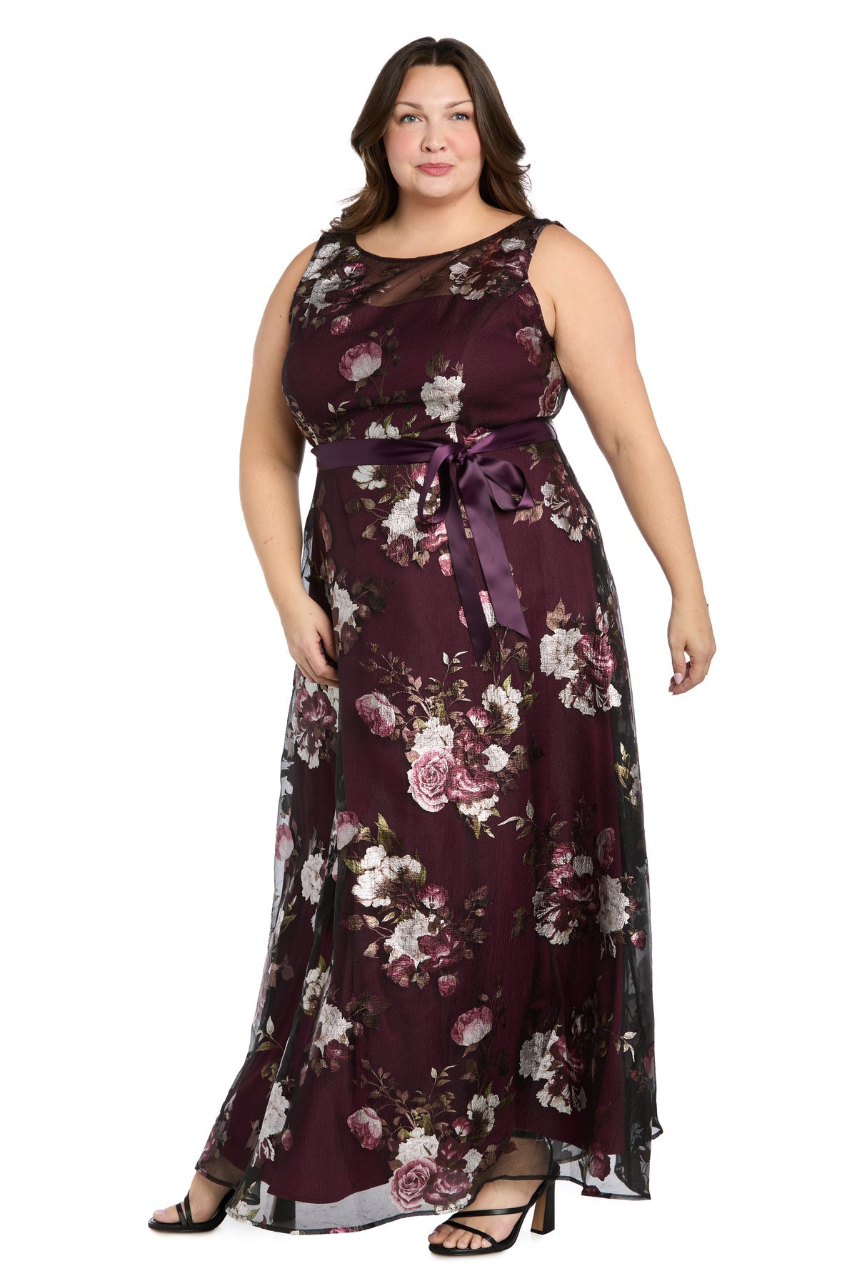 Illusion Neckline Long Floral Evening Gown by R&M Richards 3925W in Plum