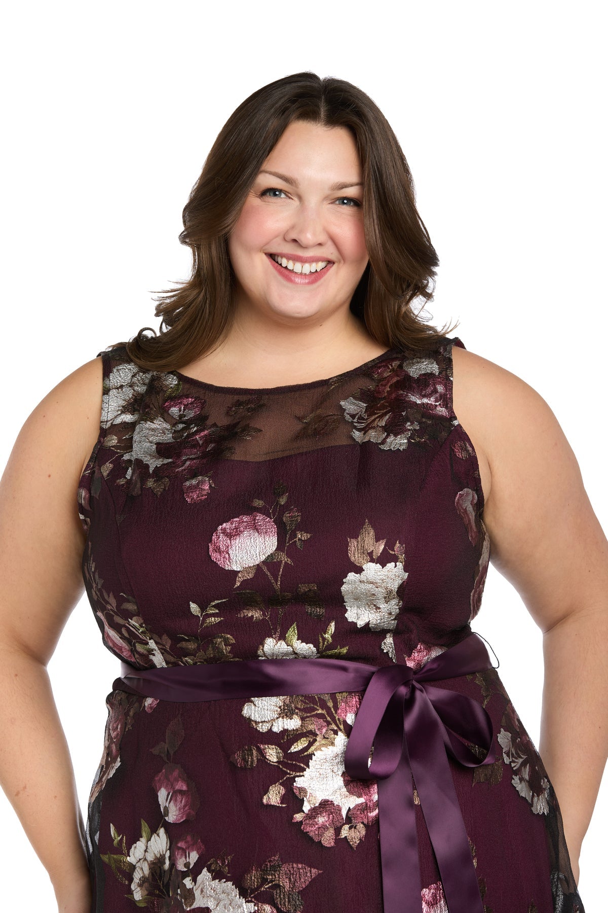 Illusion Neckline Long Floral Evening Gown by R&M Richards 3925W in Plum