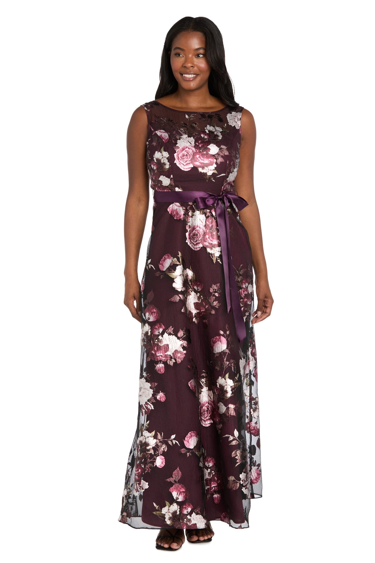 Bateau Sleeveless Floral Chiffon Evening Gown by R&M Richards 3925 in Plum
