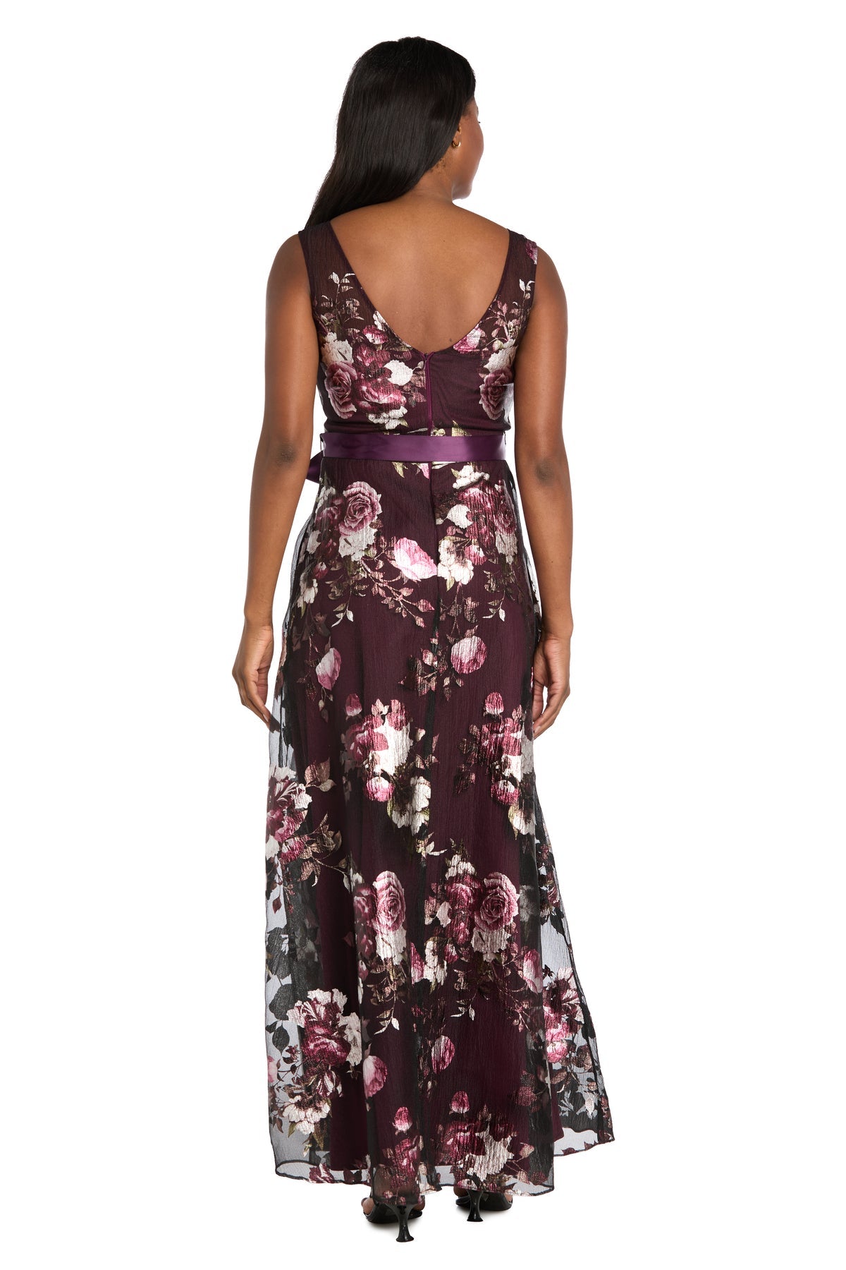 Bateau Sleeveless Floral Chiffon Evening Gown by R&M Richards 3925 in Plum