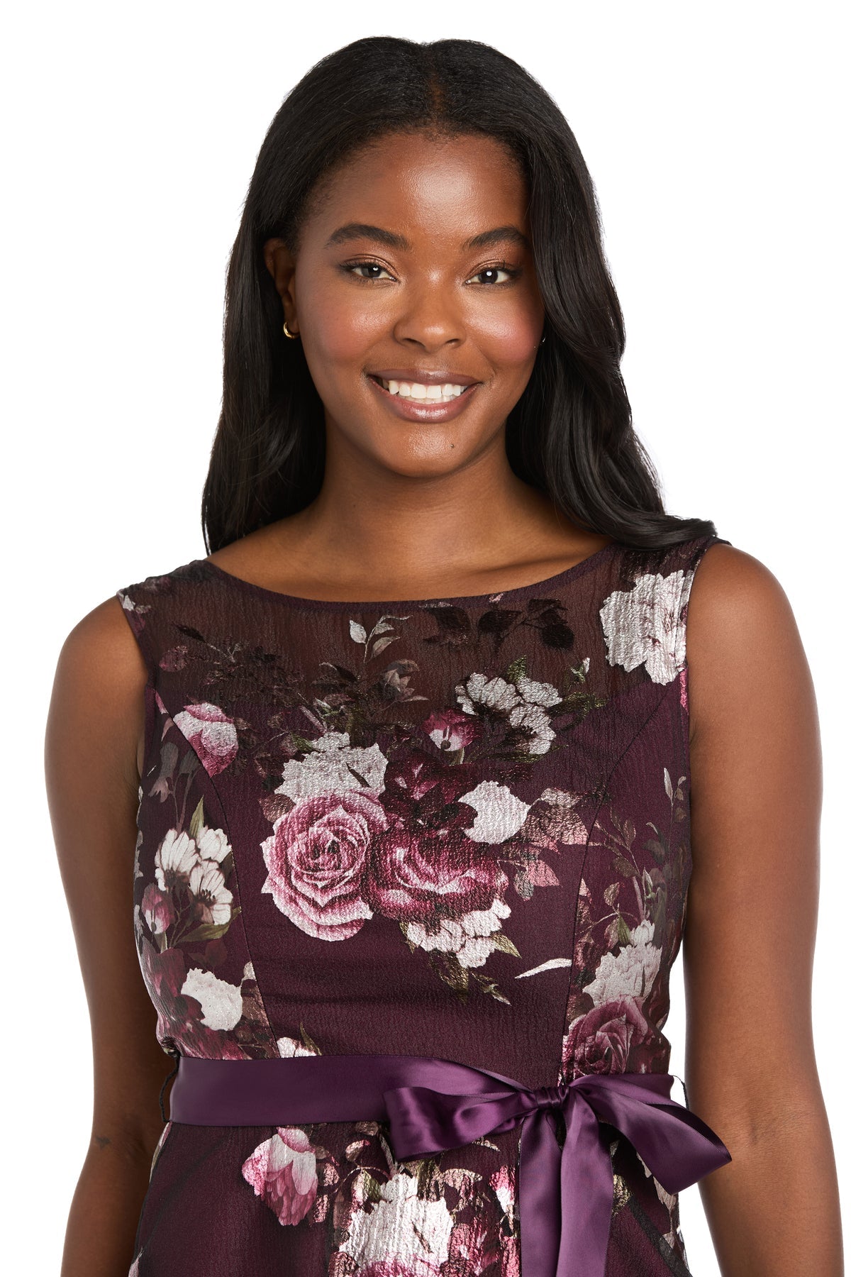 Bateau Sleeveless Floral Chiffon Evening Gown by R&M Richards 3925 in Plum
