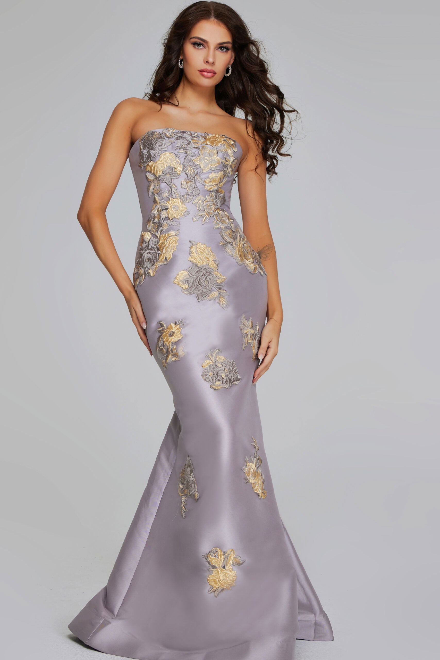 Prom Dresses Mermaid Metallic Long Formal Floral Applique Prom Dress Jovani 39261 Taupe