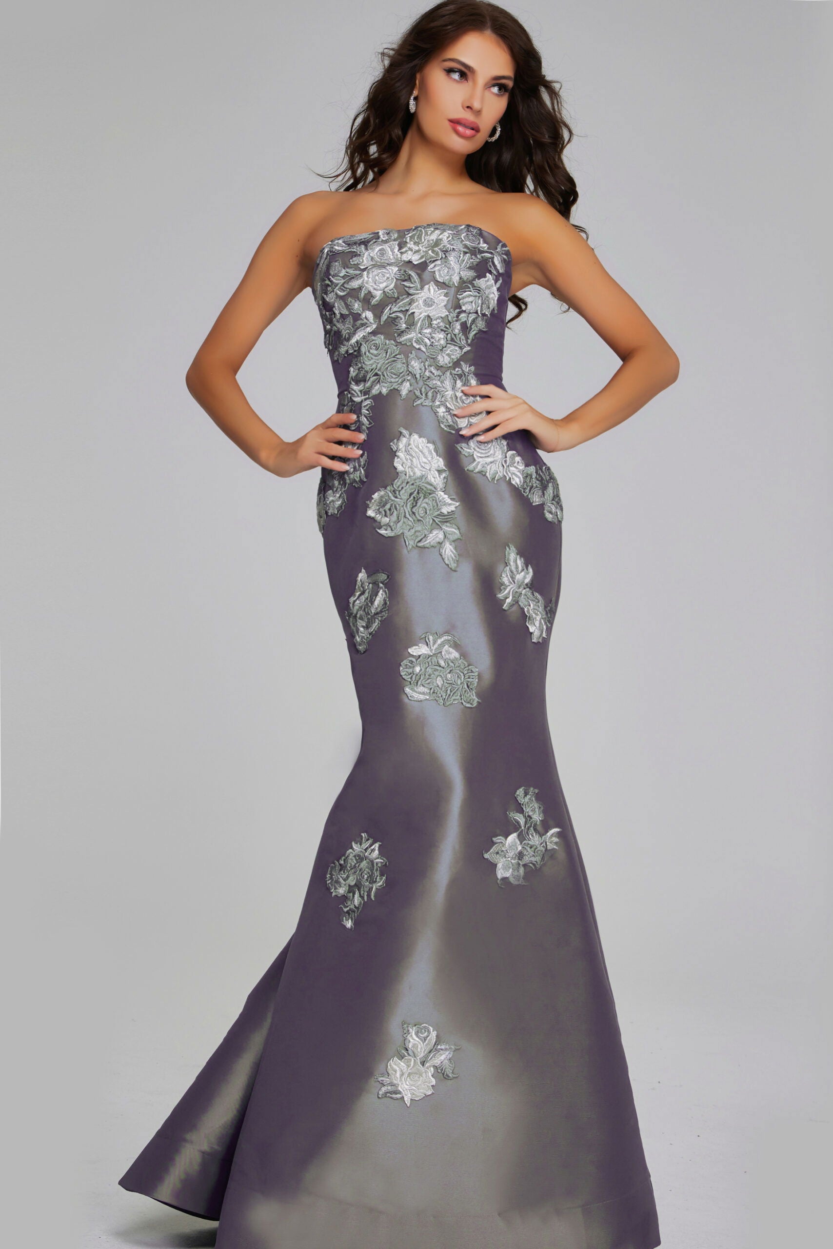 Prom Dresses Mermaid Metallic Long Formal Floral Applique Prom Dress Jovani 39261 Dark Grey