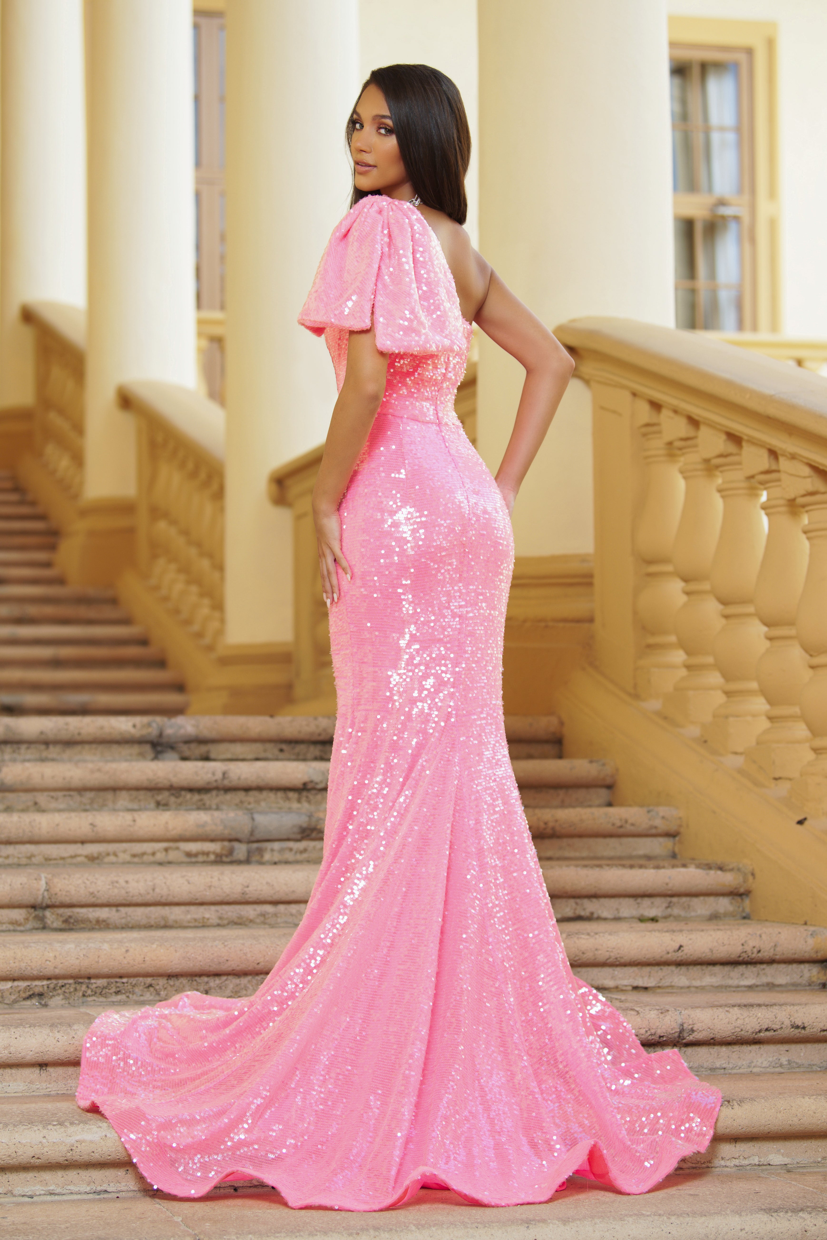 Neon Pink Ava Presley 39286 Long Formal Sequins Mermaid Prom Gown for