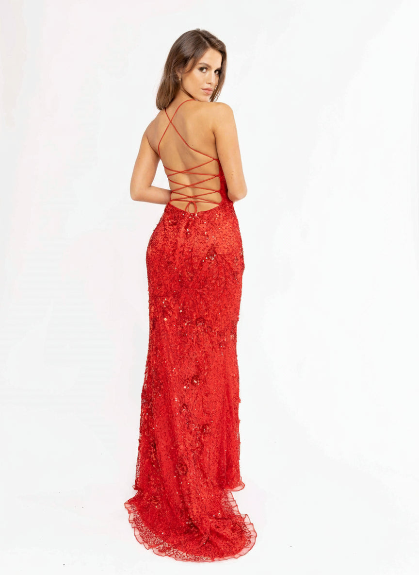 Prom Dresses Long Fitted Sequined Beaded Prom Dress Red