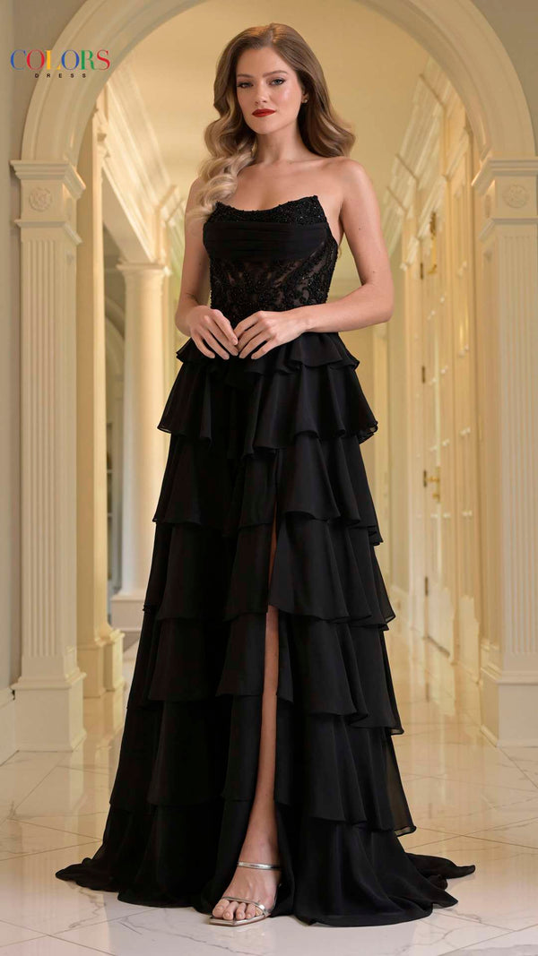 Colors 3934 Long Formal Beaded A Line Ruffle Prom Dress