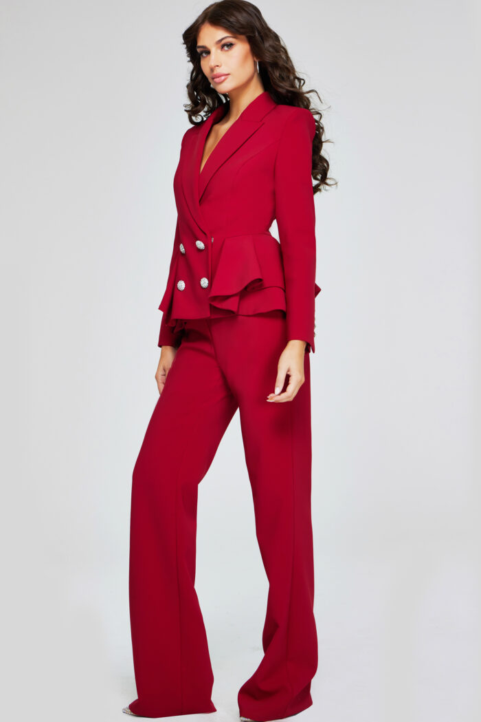 slim fit dress slacks Jovani 39374 Long Pleated Formal Jumpsuit