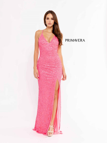 Prom Dresses Long Fitted Sequined Slit Prom Dress Neon Pink