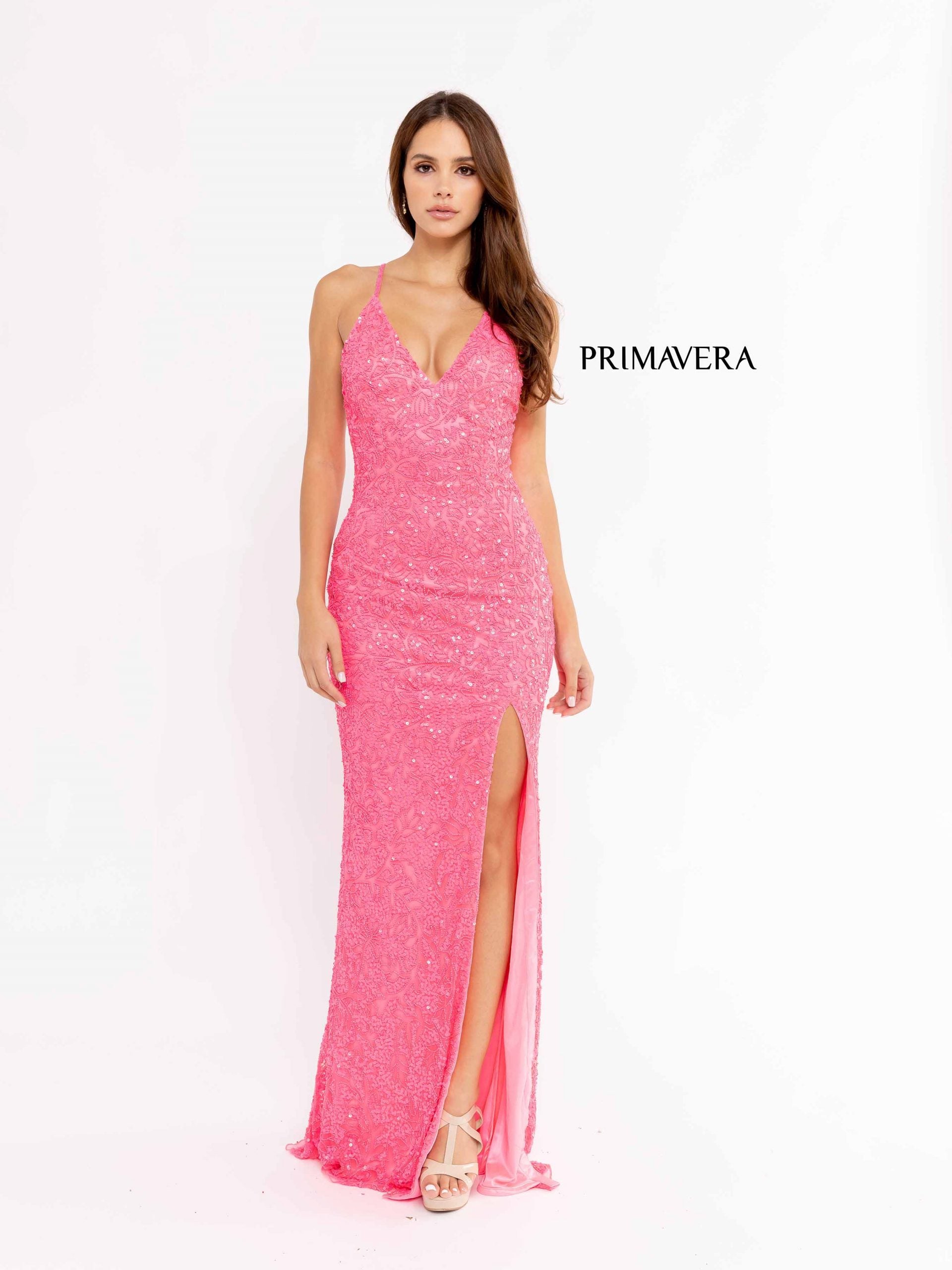 Primavera Couture 3938 Long Fitted Sequined Slit Prom Dress
