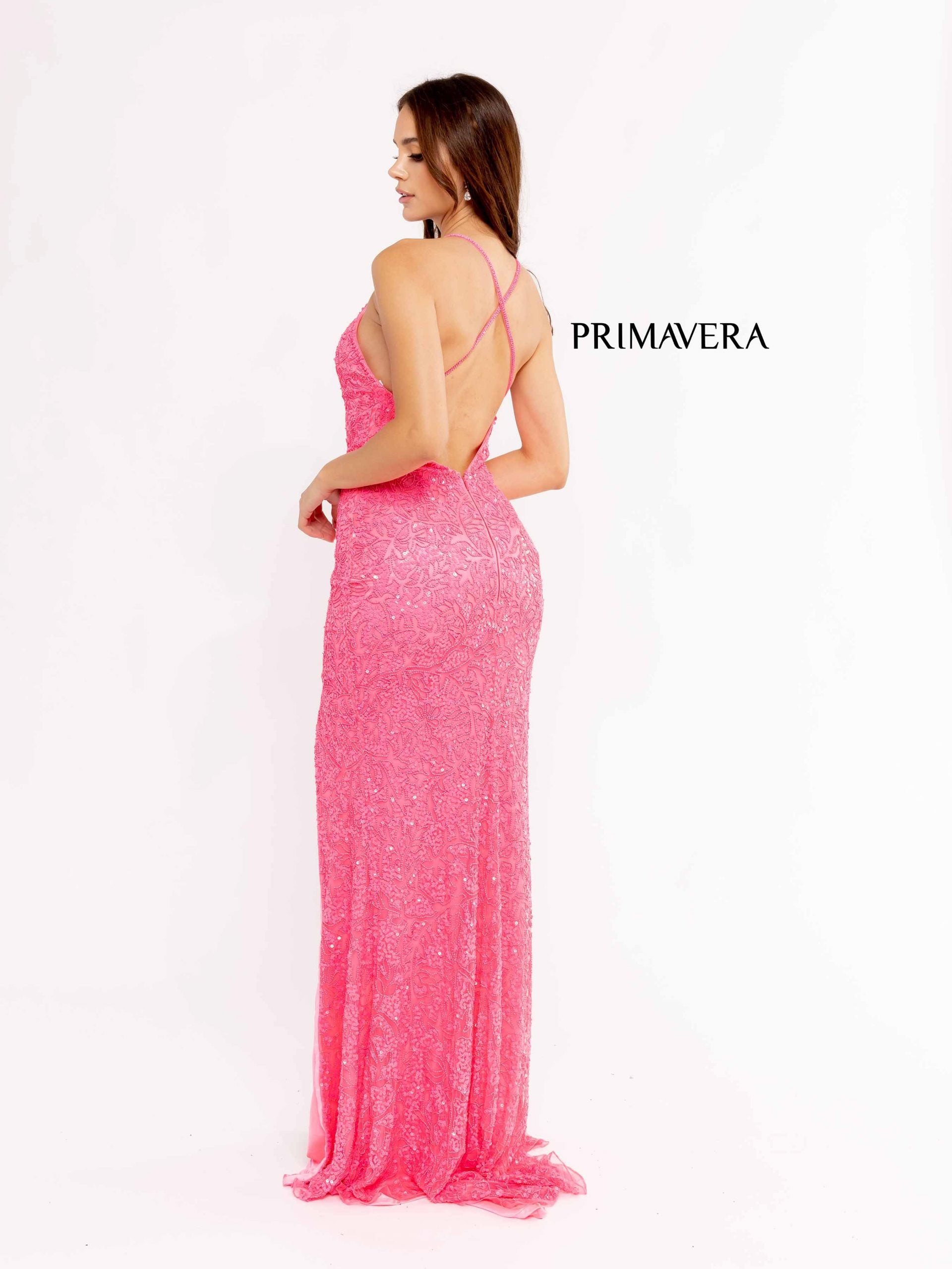 Primavera Couture 3938 Long Fitted Sequined Slit Prom Dress