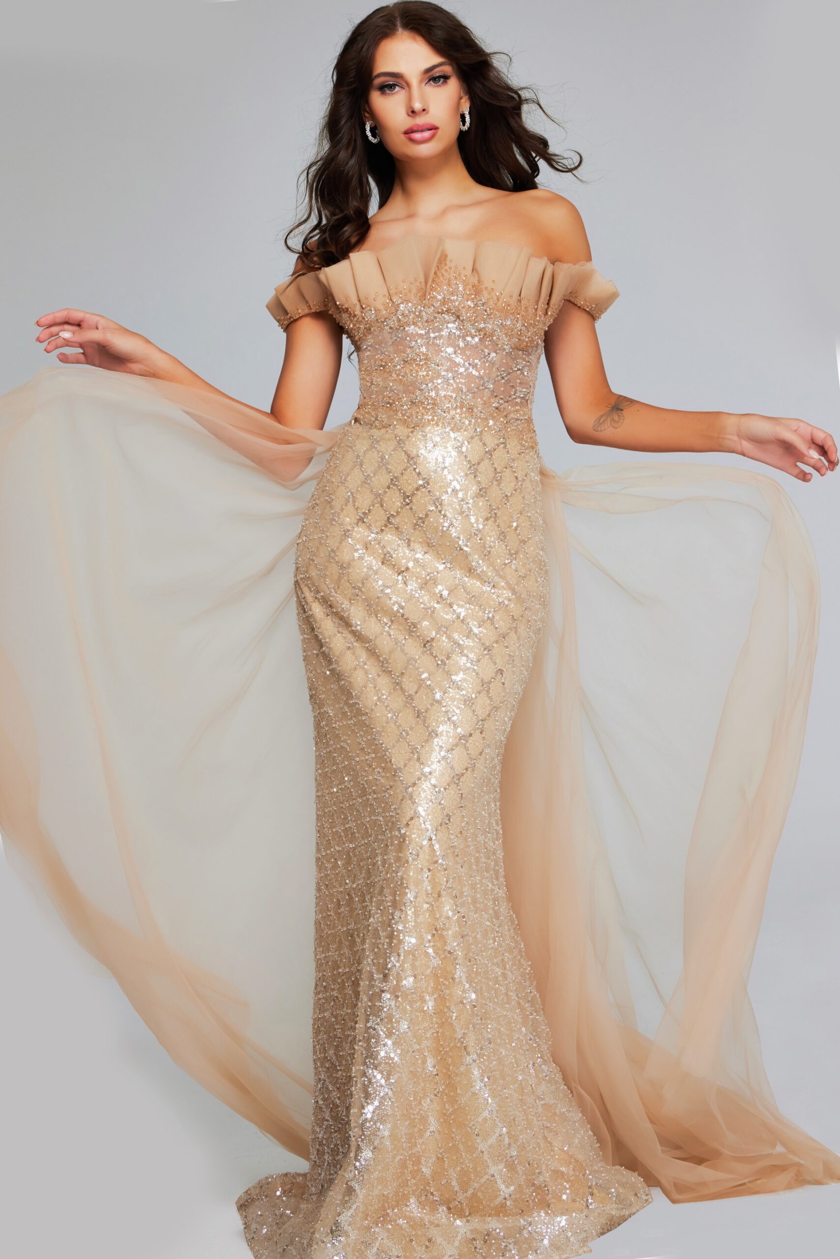 Jovani 39389 Fitted Sequin Long Mermaid Formal Evening Dress - Light Brown / 4 Jovani 39389 Fitted Sequin Long Mermaid Formal Evening Dress - Light Brown / 4
