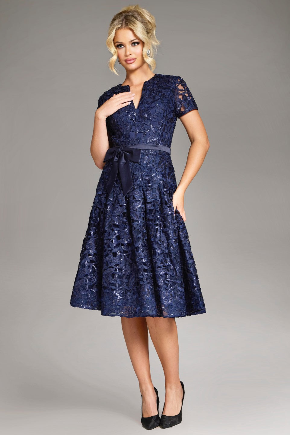 chinese dress ladies Half Sleeves Navy Blue Lace Long Prom Dresses, Navy Blue Lace Formal D —  Bridelily main image 0