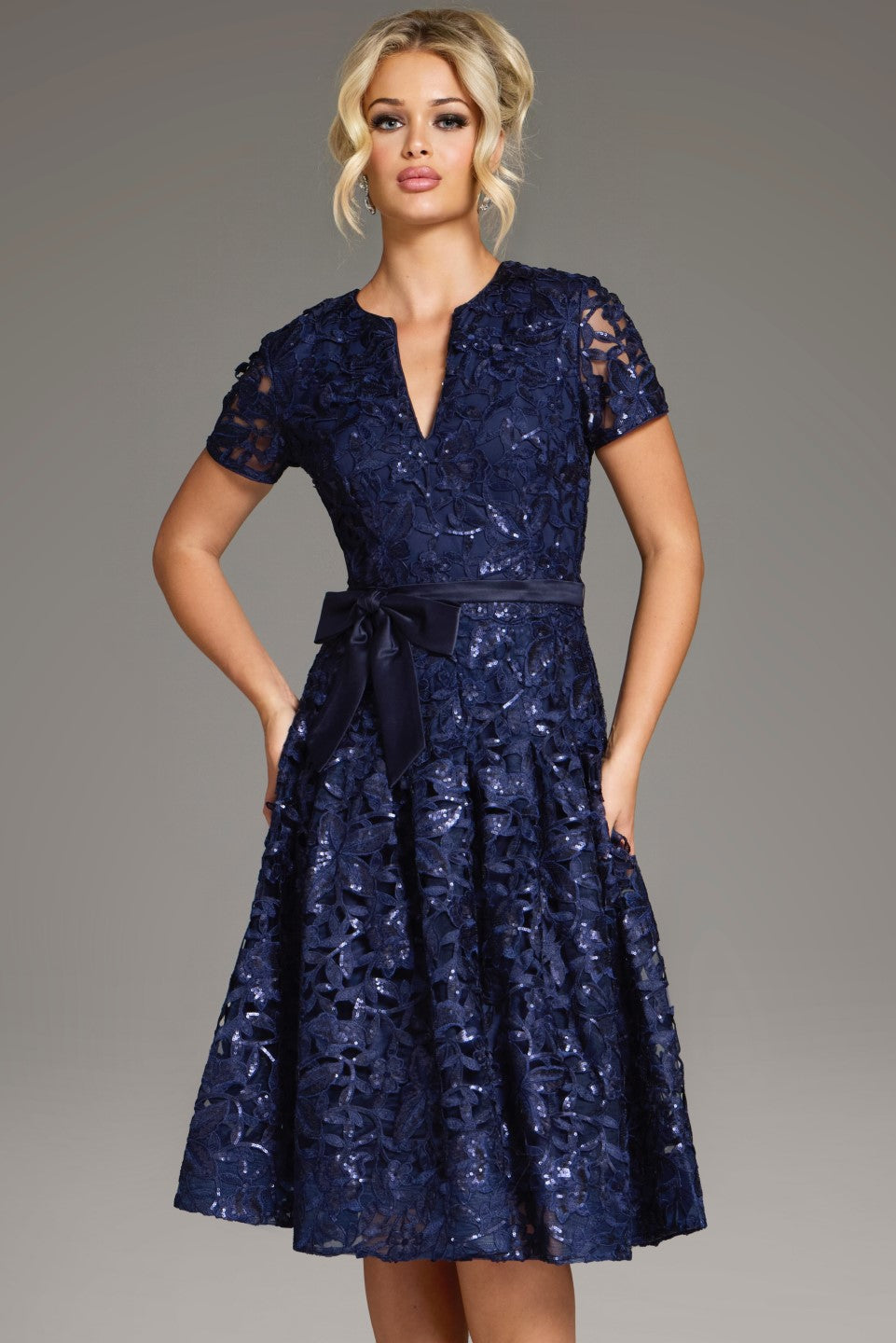 Jovani 39427 A Line Short Mother of the Bride Lace Tea Length Dress