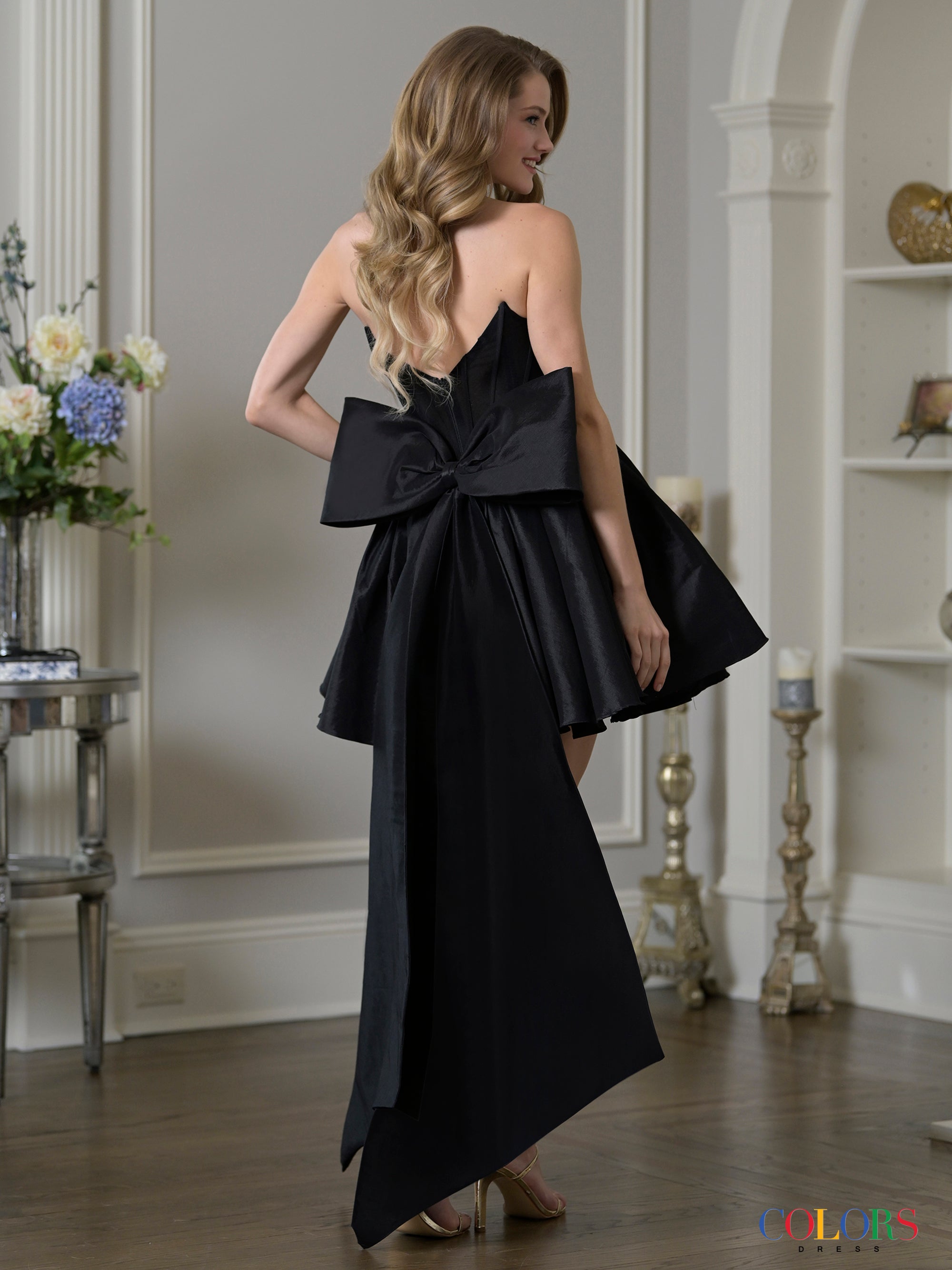 Black One-Shoulder Mini Satin Homecoming Dress Bow and Side Drape Colors 3952