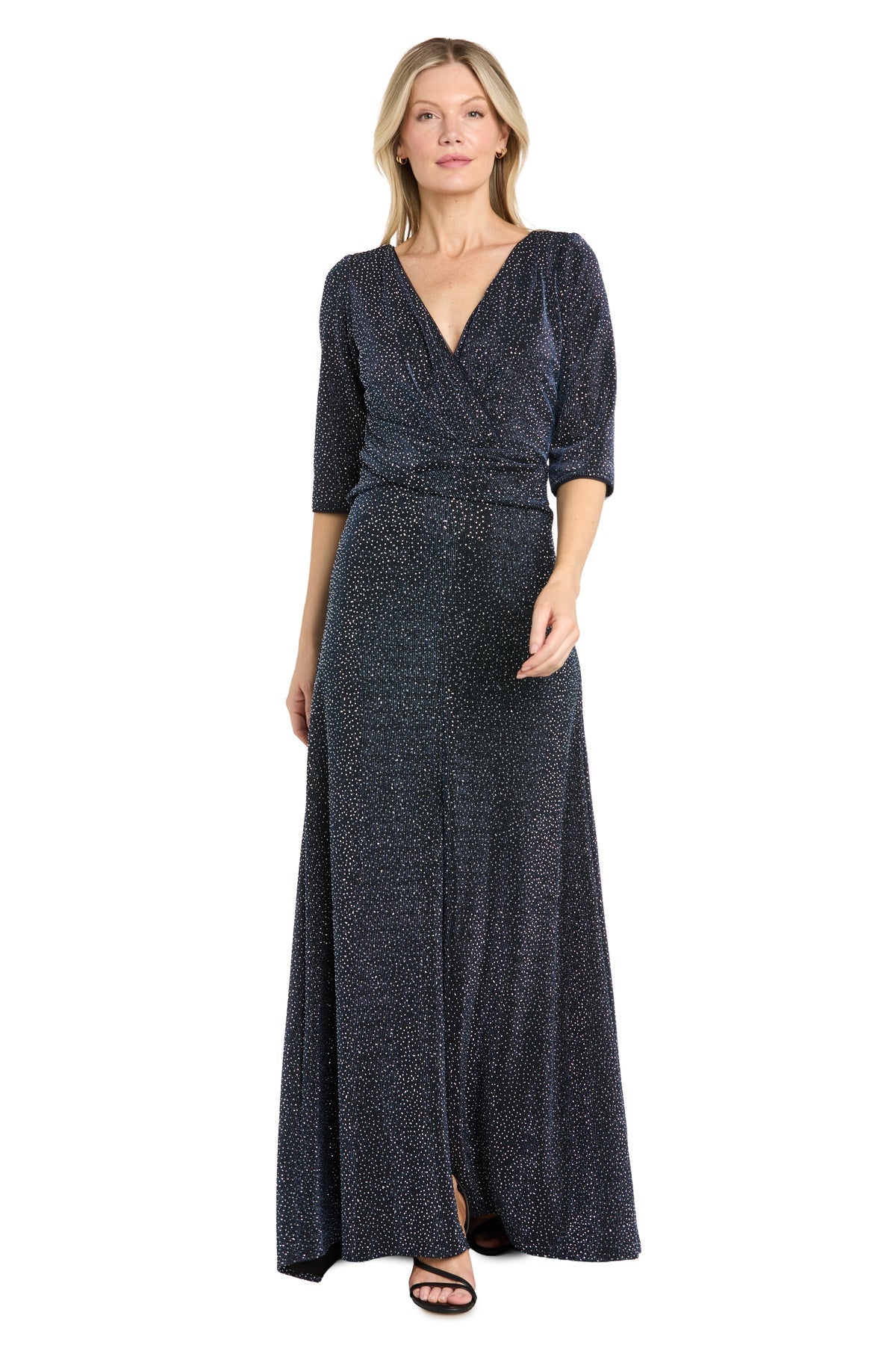 Navy/Black R&M Richards 3956 V-Neck Floor-Length Knit Formal Metallic Gown