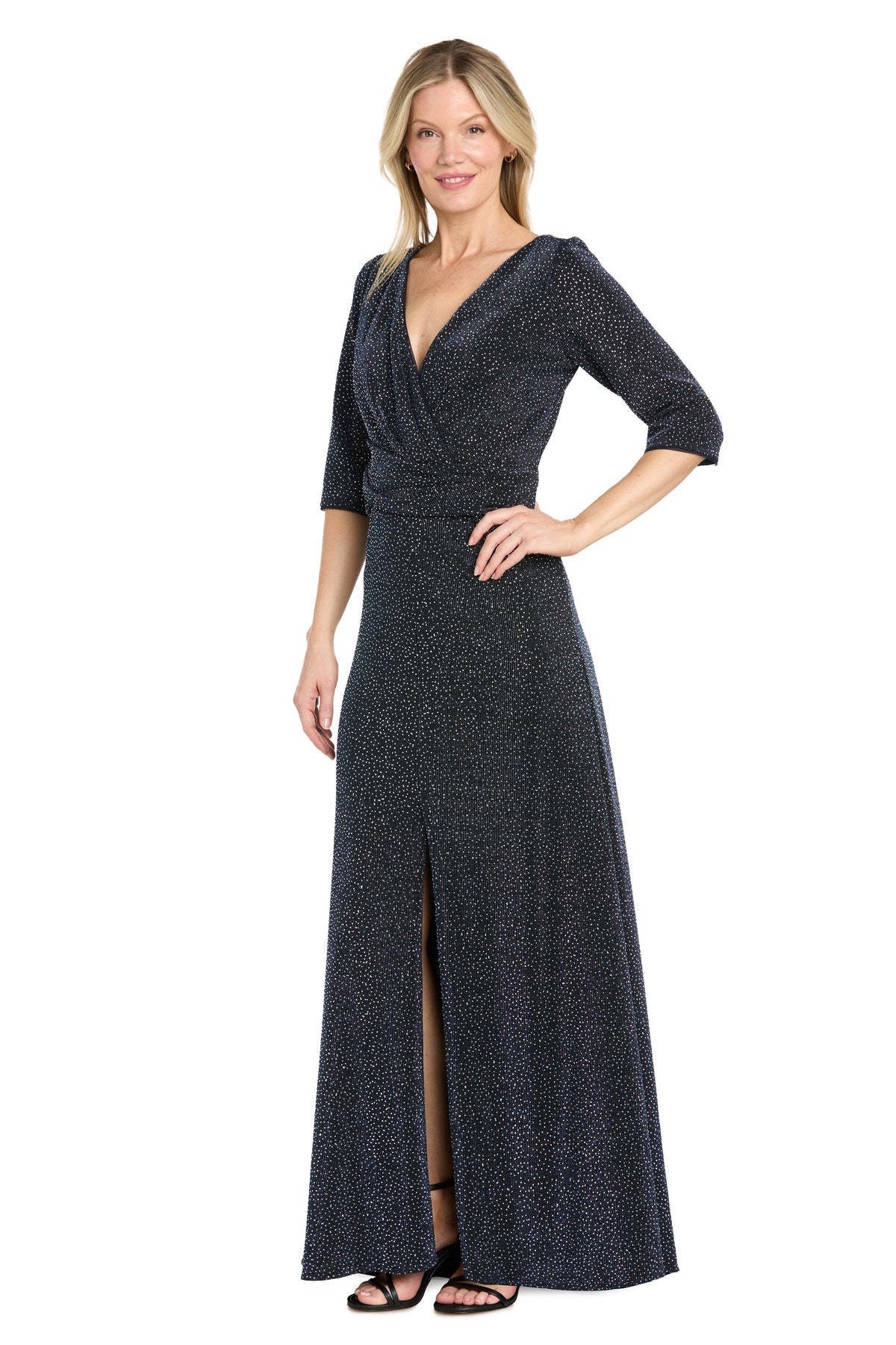 Navy/Black R&M Richards 3956 V-Neck Floor-Length Knit Formal Metallic Gown
